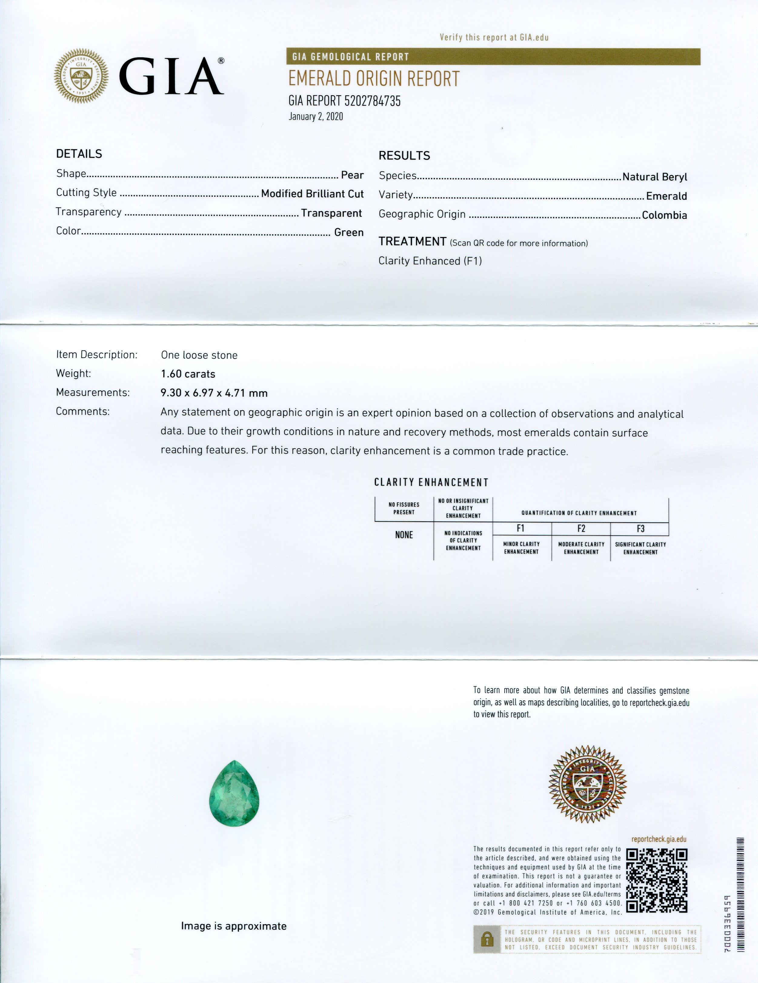 This is a stunning GIA Certified Emerald

The GIA report reads as follows:

GIA Report Number: 5202784735
Shape: Pear
Cutting Style: Modified Brilliant Cut
Cutting Style: Crown: N/A
Cutting Style: Pavilion: N/A
Transparency: Transparent
Color: