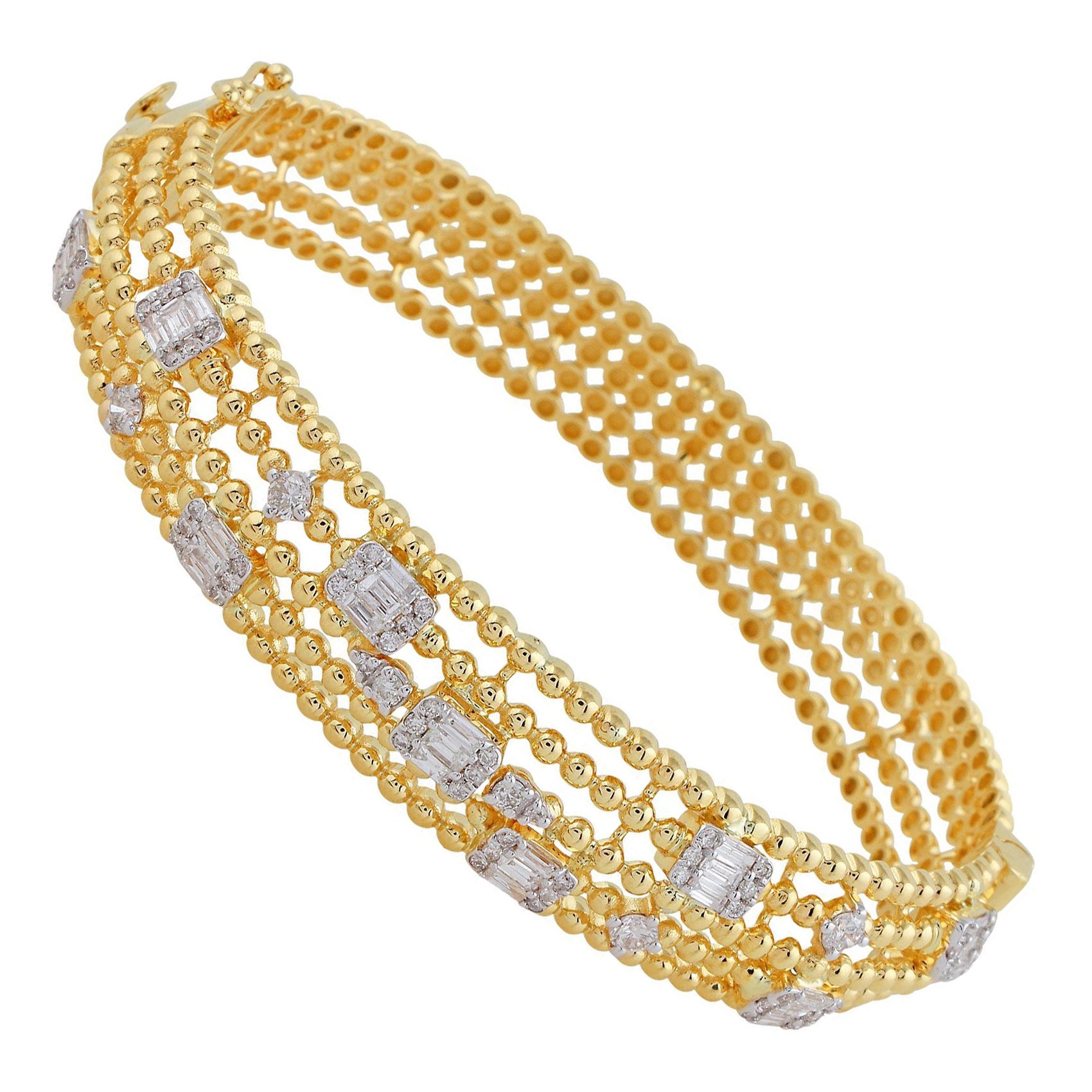 1.6 Ct SI/H Baguette Diamond 18 Karat Yellow Gold Beaded Wide Bangle Bracelet
