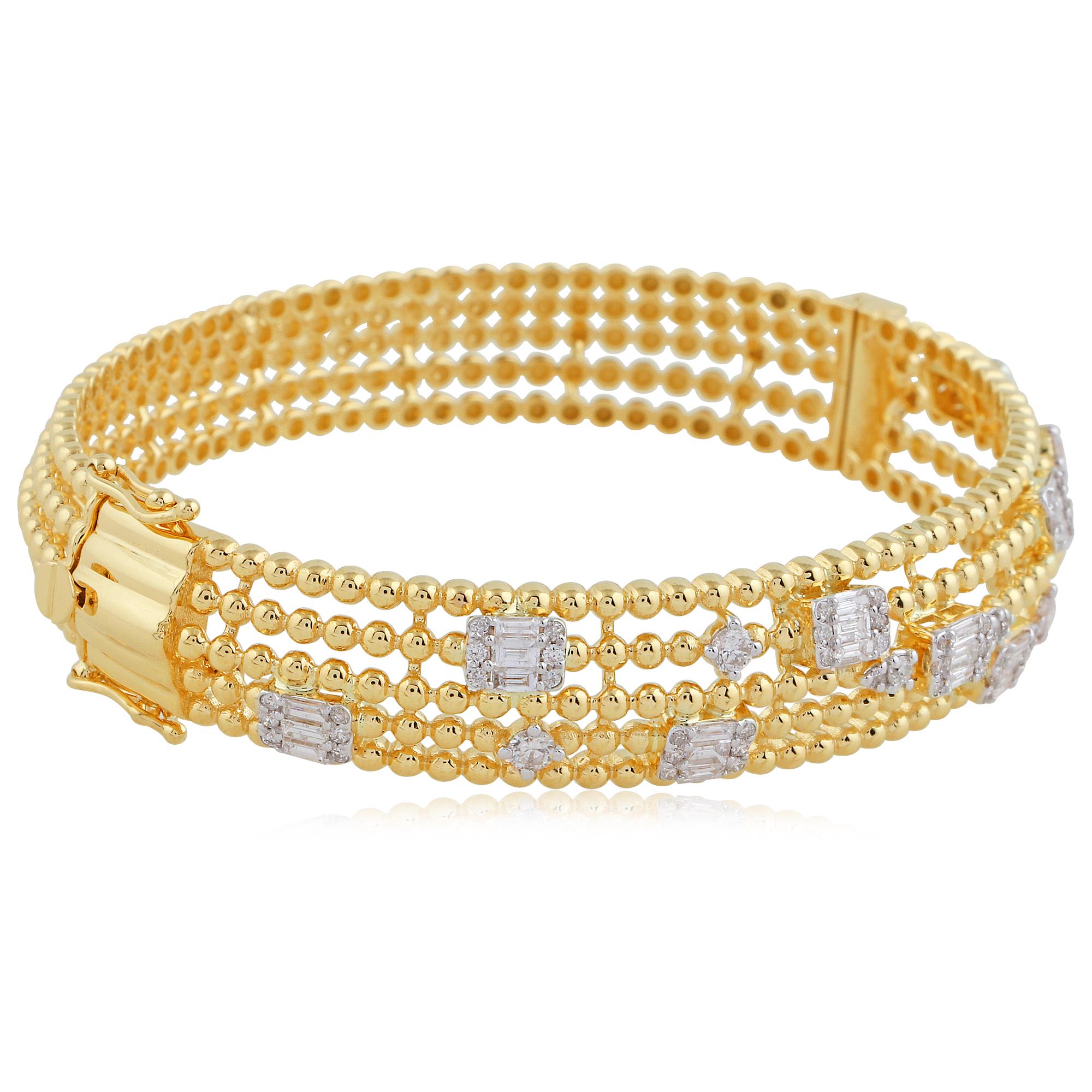 Moderne 1.6 Ct SI/HI Baguette Diamond Beaded Ball Bangle Bracelet en or jaune 18 carats en vente
