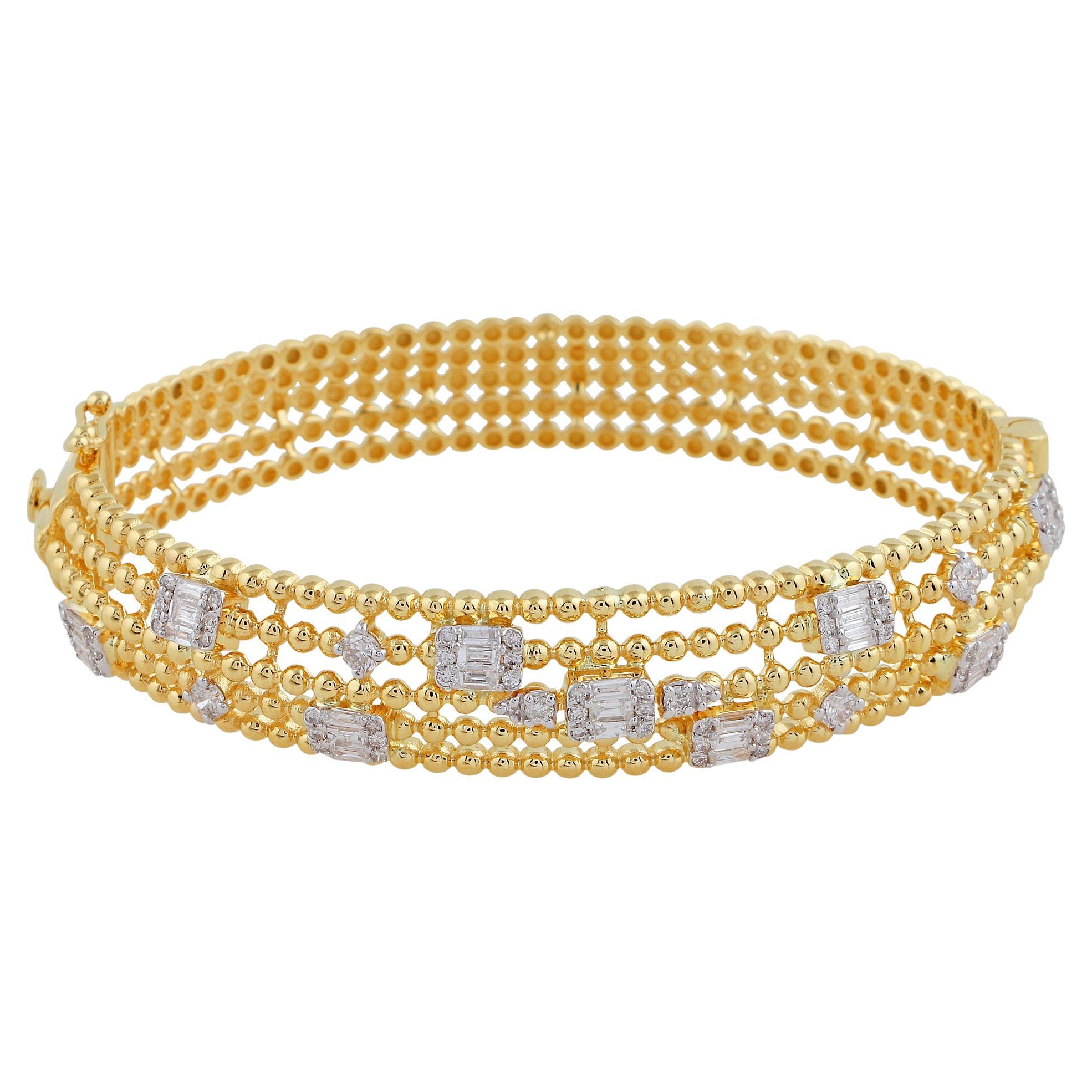 1.6 Ct SI/HI Baguette Diamond Beaded Ball Bangle Bracelet 18 Karat Yellow Gold For Sale