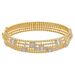 1.6 Ct SI/HI Baguette Diamond Beaded Ball Bangle Bracelet 18 Karat Yellow Gold
