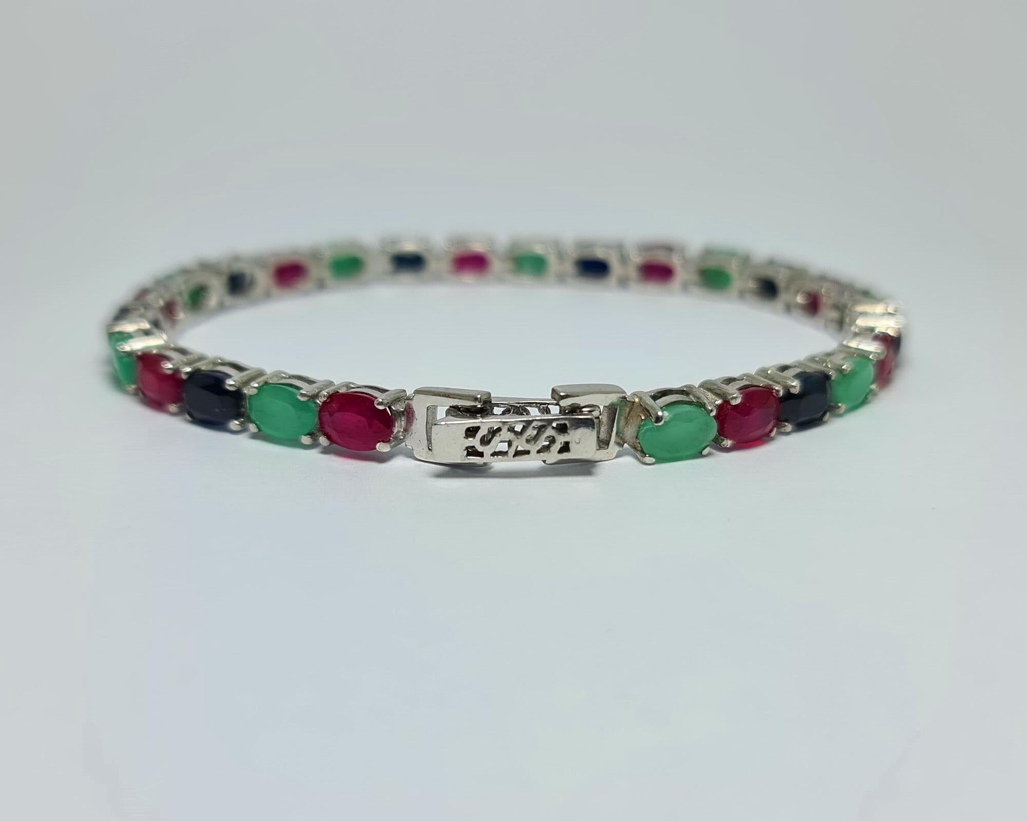 16 Cts Natural Ruby Sapphire and Emerald Tennis Bracelet set in pure.925 Sterling Silver Rhodium Plated Tutti Frutti 
