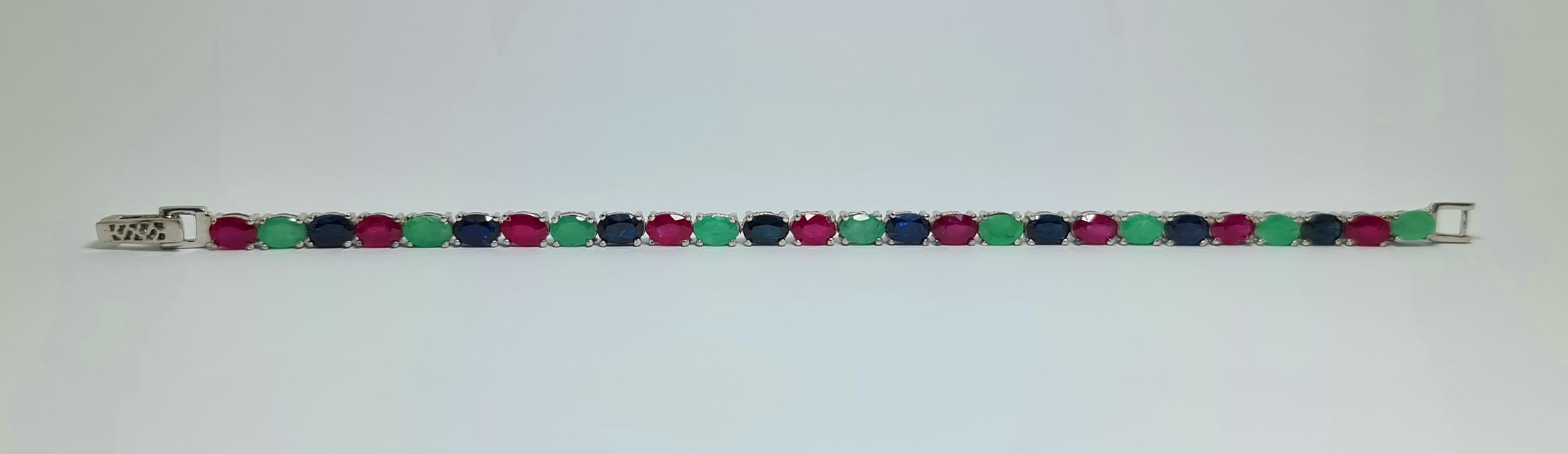 Art Deco 16 Cts Ruby Sapphire Emerald Tutti Frutti Tennis Bracelet .925 Sterling Silver For Sale