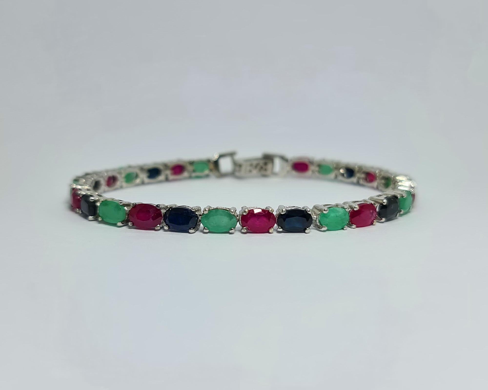 Oval Cut 16 Cts Ruby Sapphire Emerald Tutti Frutti Tennis Bracelet .925 Sterling Silver For Sale