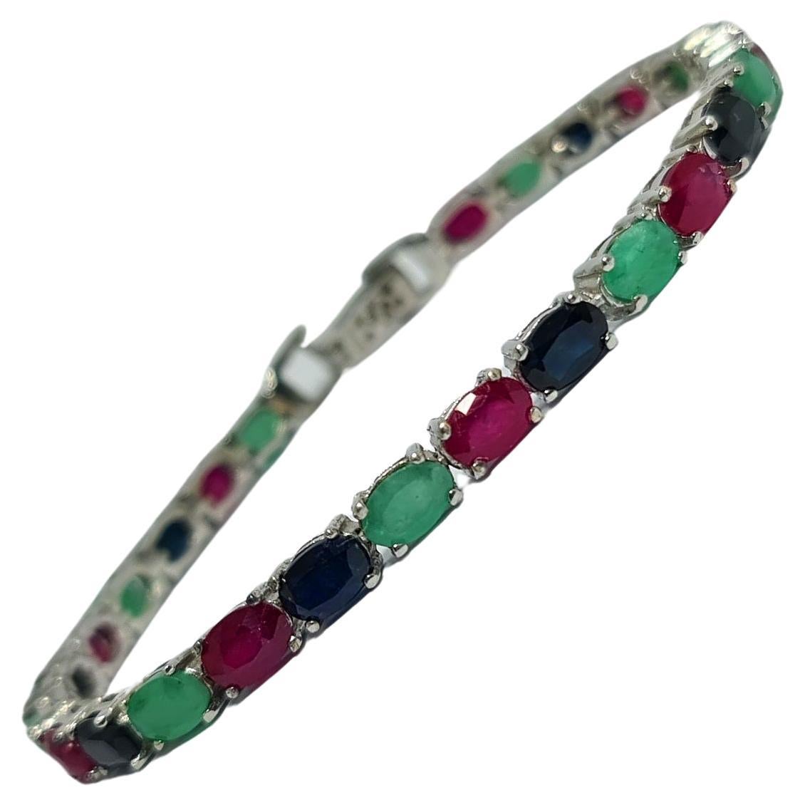 Bracelet tennis Tutti Frutti en argent sterling .925 avec rubis, saphirs et émeraudes 16 carats