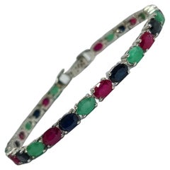 16 Cts Ruby Sapphire Emerald Tutti Frutti Tennis Bracelet .925 Sterling Silver