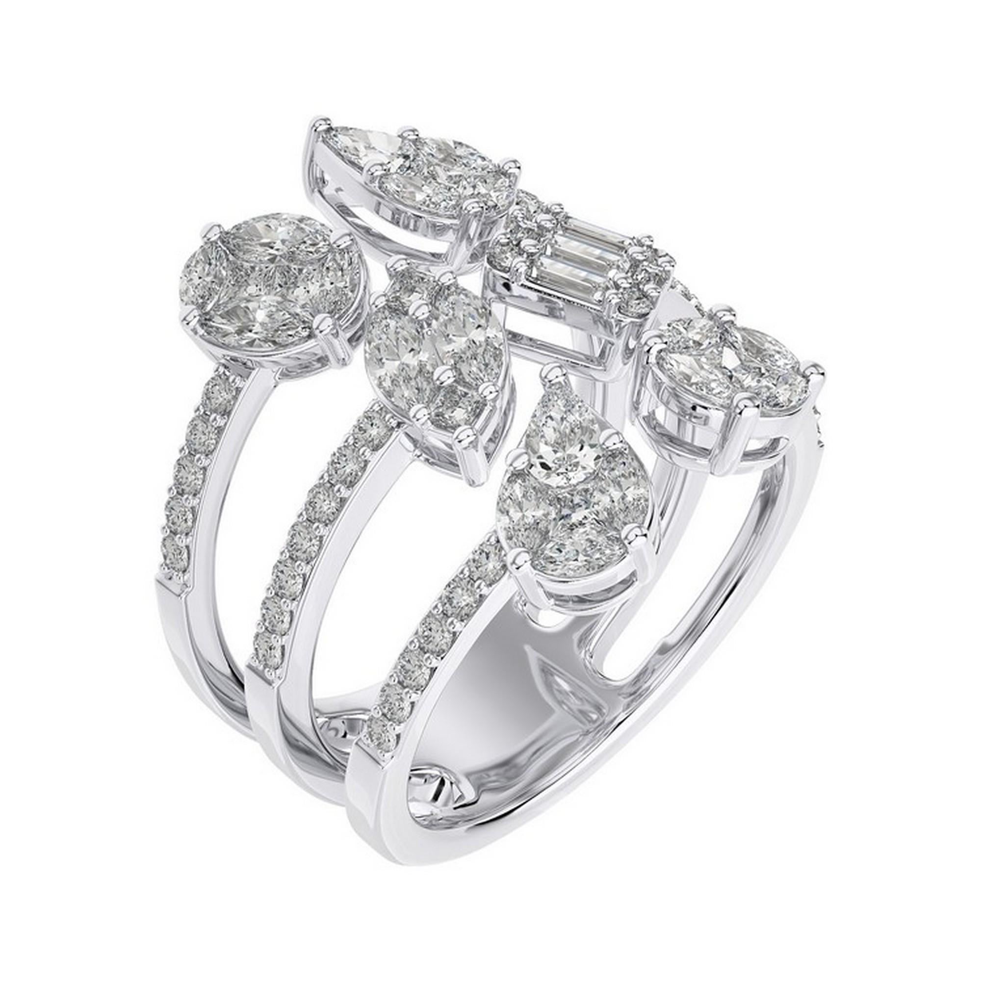 Questo squisito anello della Collection'S Gazebo presenta un peso totale di 1,6 carati (CTW) di diamanti di forma assortita, tra cui tagli a goccia, ovali, rotondi, baguette e marquise. Queste diverse forme di diamante creano un design dinamico e