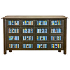 16-Drawer Counter, Multicolored Found Steel Apothecary, Functional Art Furniture
