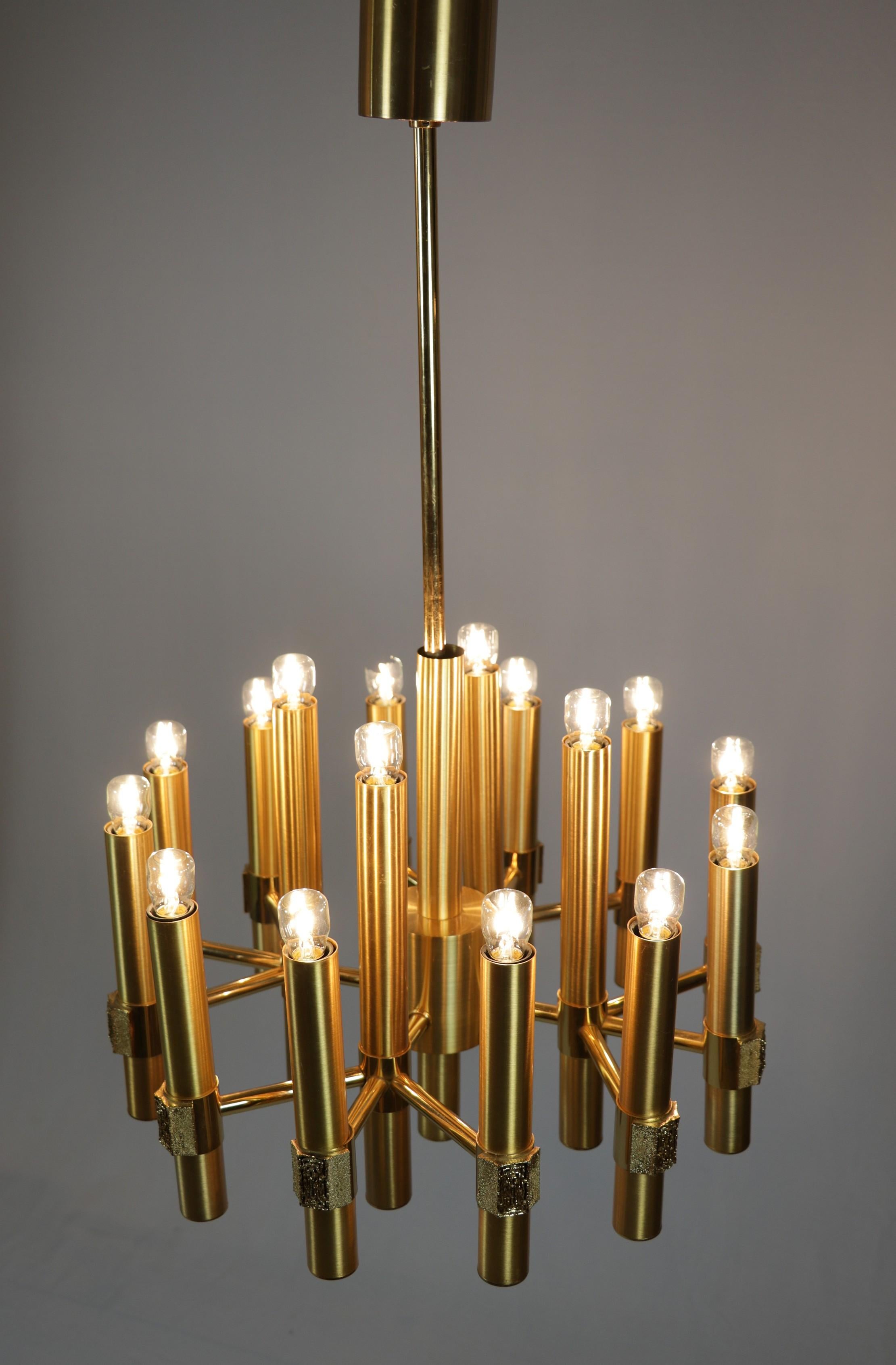 Italian 16-Flame Golden Chandelier by Angelo Brotto for Esperia, Italy, 1970s For Sale