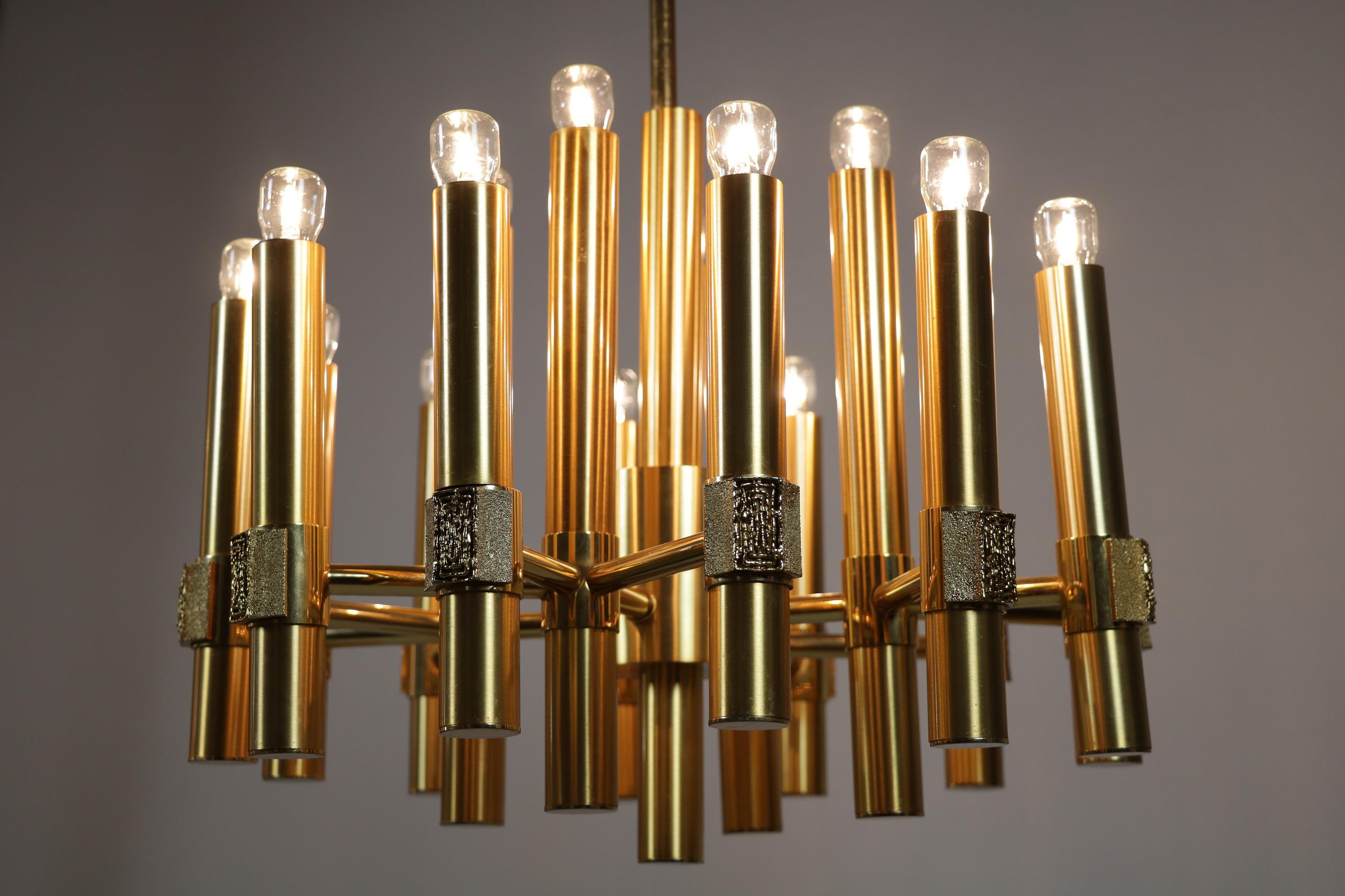 Anodized 16-Flame Golden Chandelier by Angelo Brotto for Esperia, Italy, 1970s For Sale