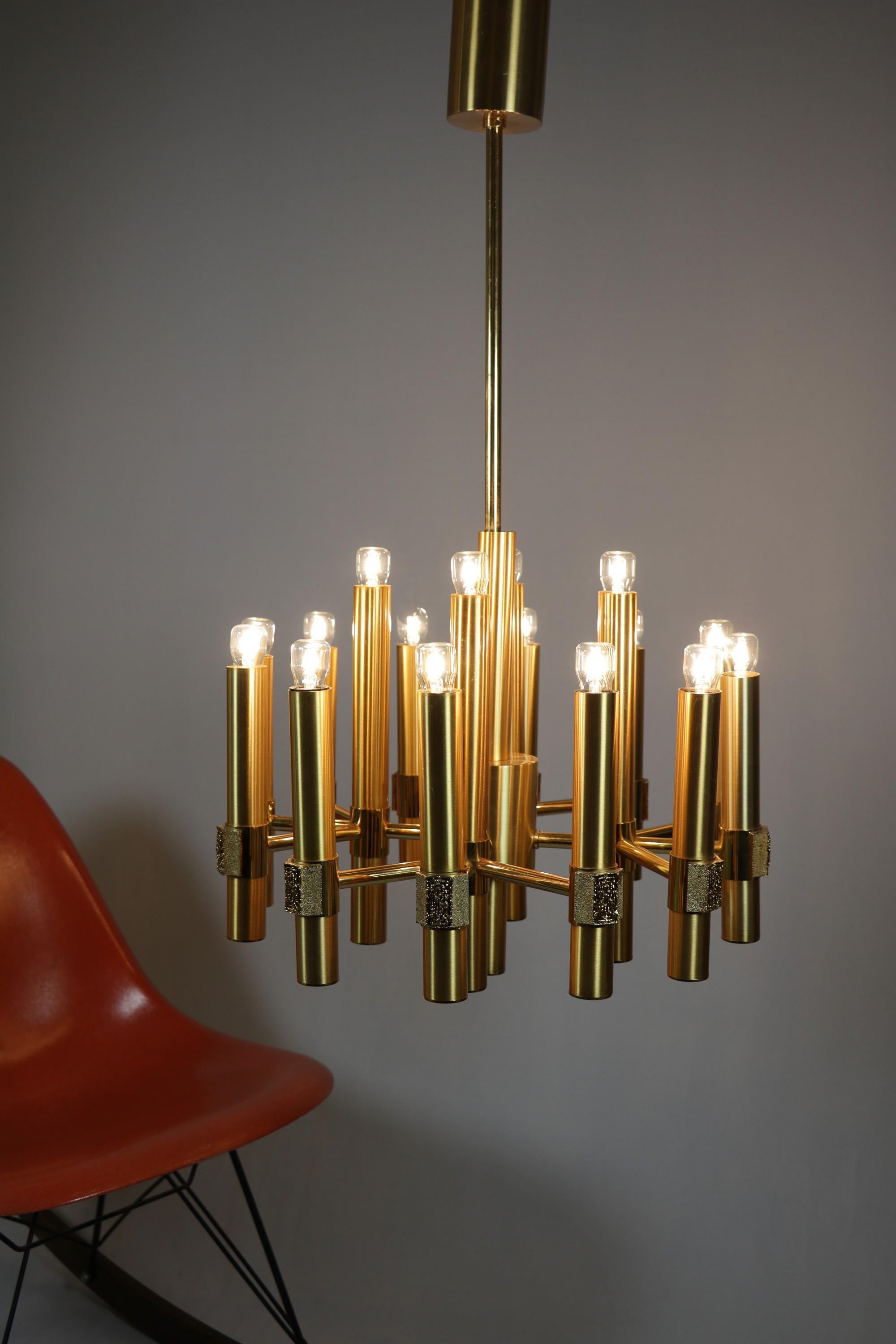Late 20th Century 16-Flame Golden Chandelier by Angelo Brotto for Esperia, Italy, 1970s For Sale