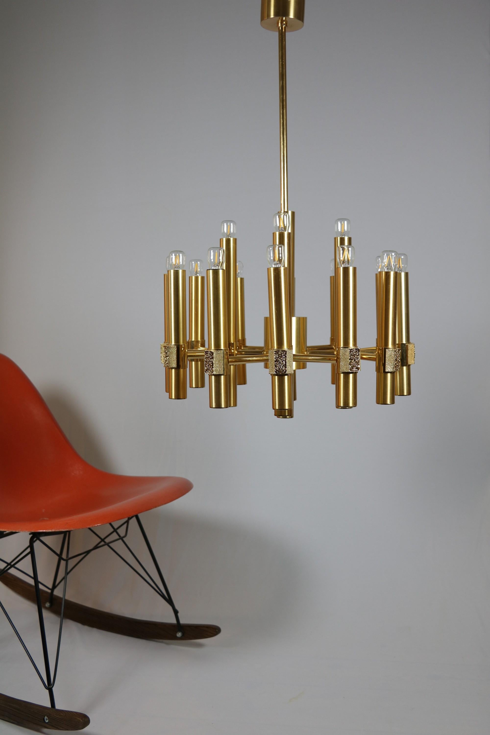 Aluminum 16-Flame Golden Chandelier by Angelo Brotto for Esperia, Italy, 1970s For Sale