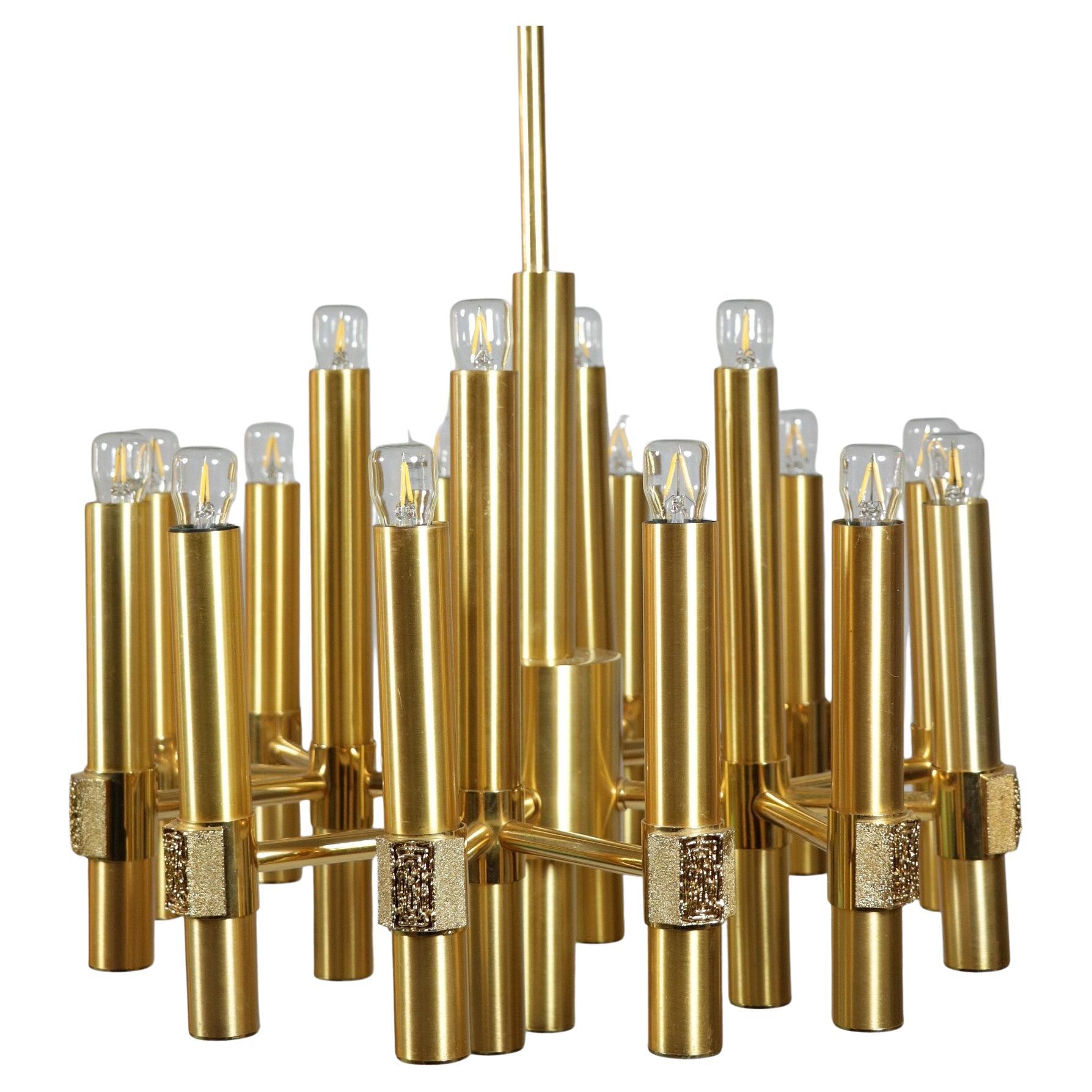 16-Flame Golden Chandelier by Angelo Brotto for Esperia, Italy, 1970s For Sale