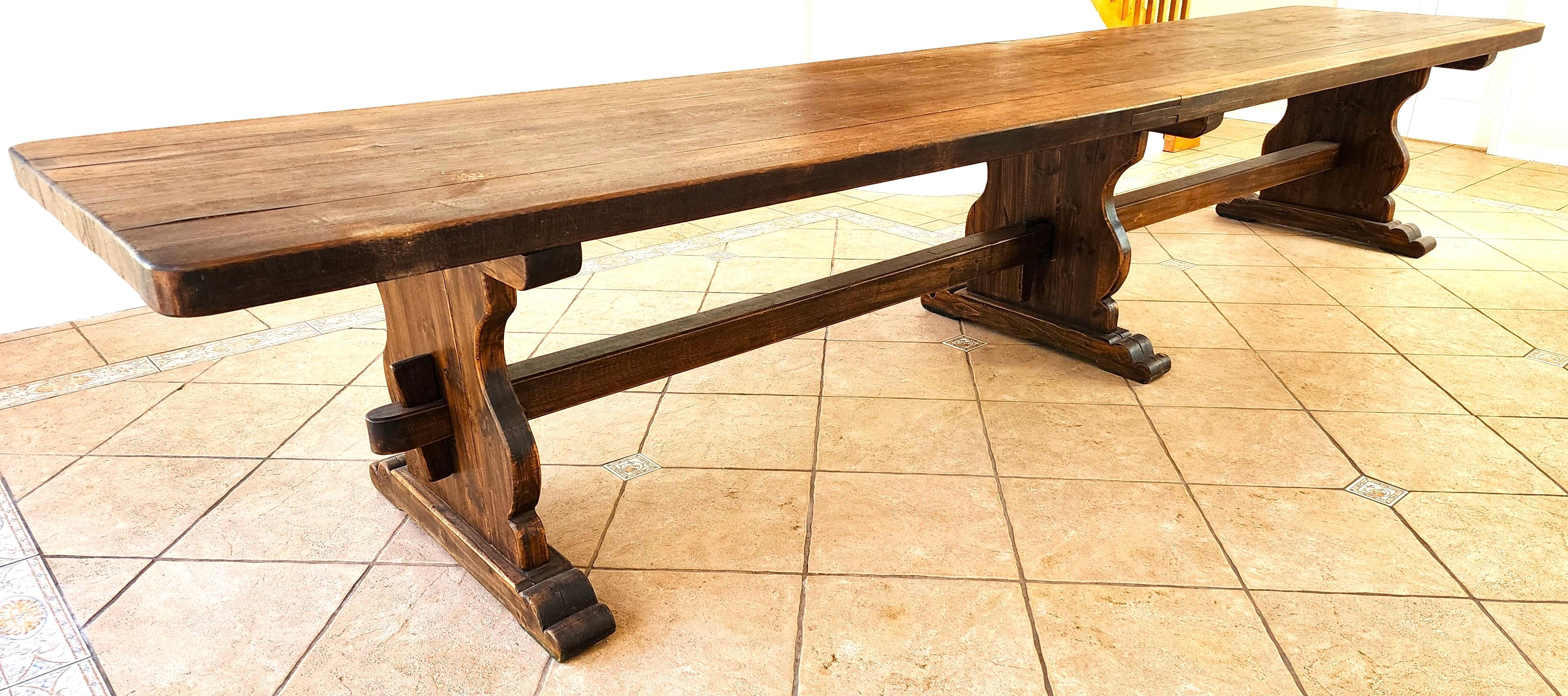 1800s Oak Refectory Dining Table with 16 Matching Chairs 16 foot In Distressed Condition For Sale In Lake Worth, FL