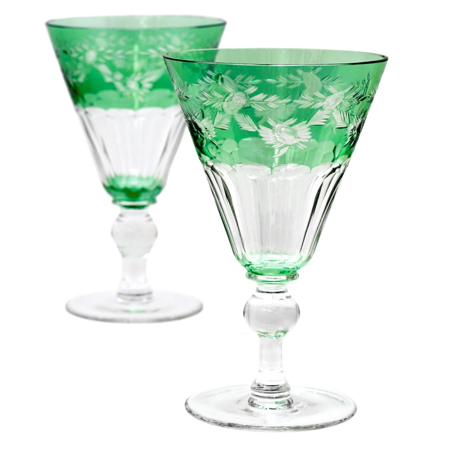 American 16 Green Cut Crystal Water Goblets by Sinclaire For Sale
