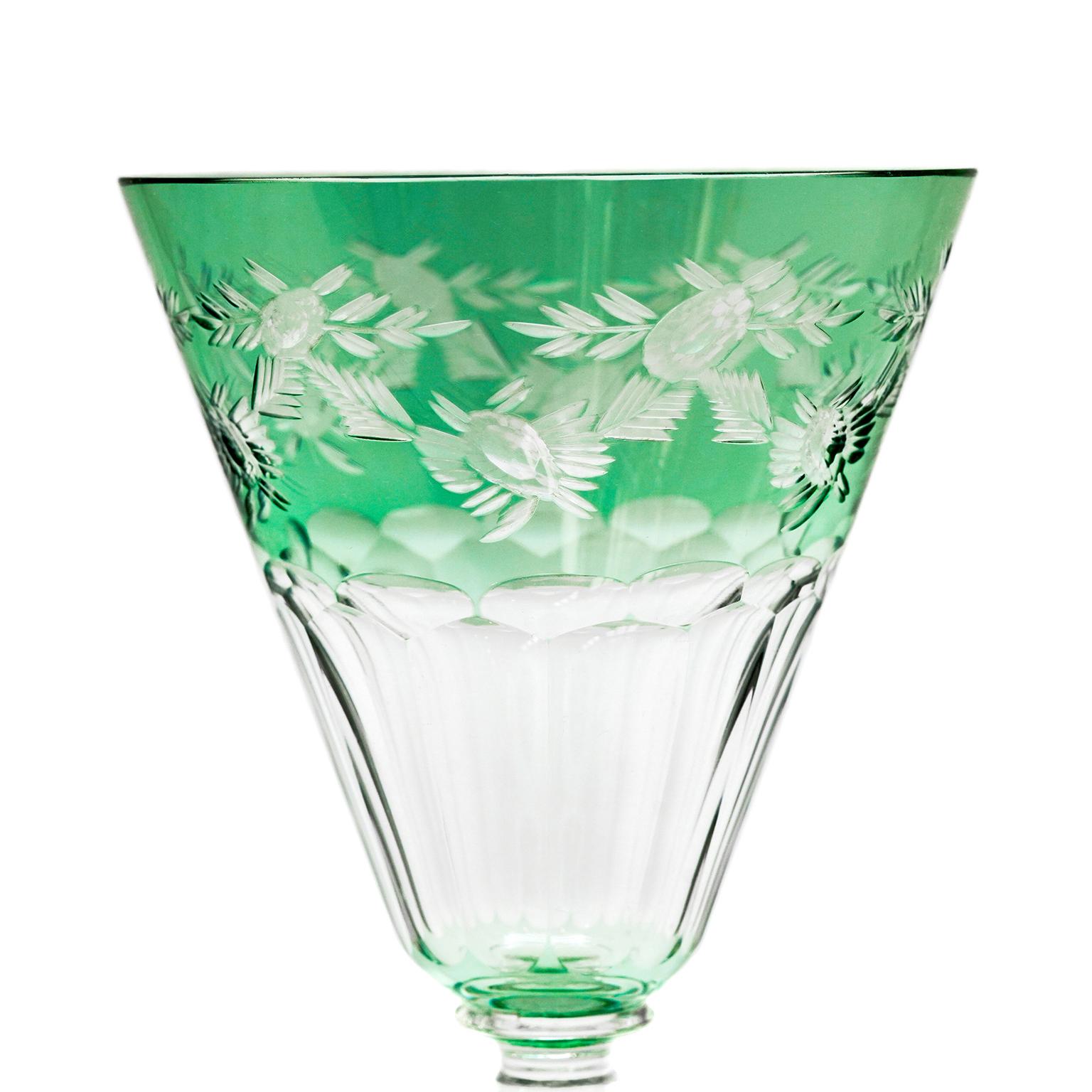 16 Green Cut Crystal Water Goblets by Sinclaire In Excellent Condition For Sale In Litchfield, CT