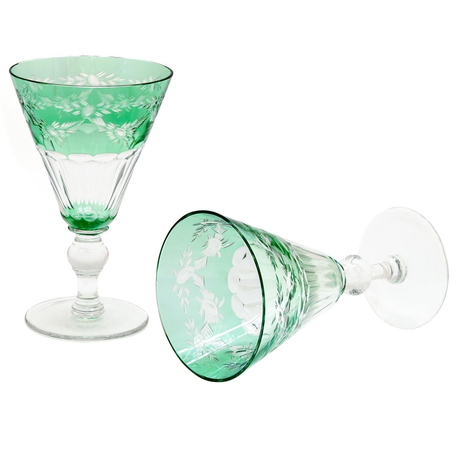 Cut Glass 16 Green Cut Crystal Water Goblets by Sinclaire For Sale