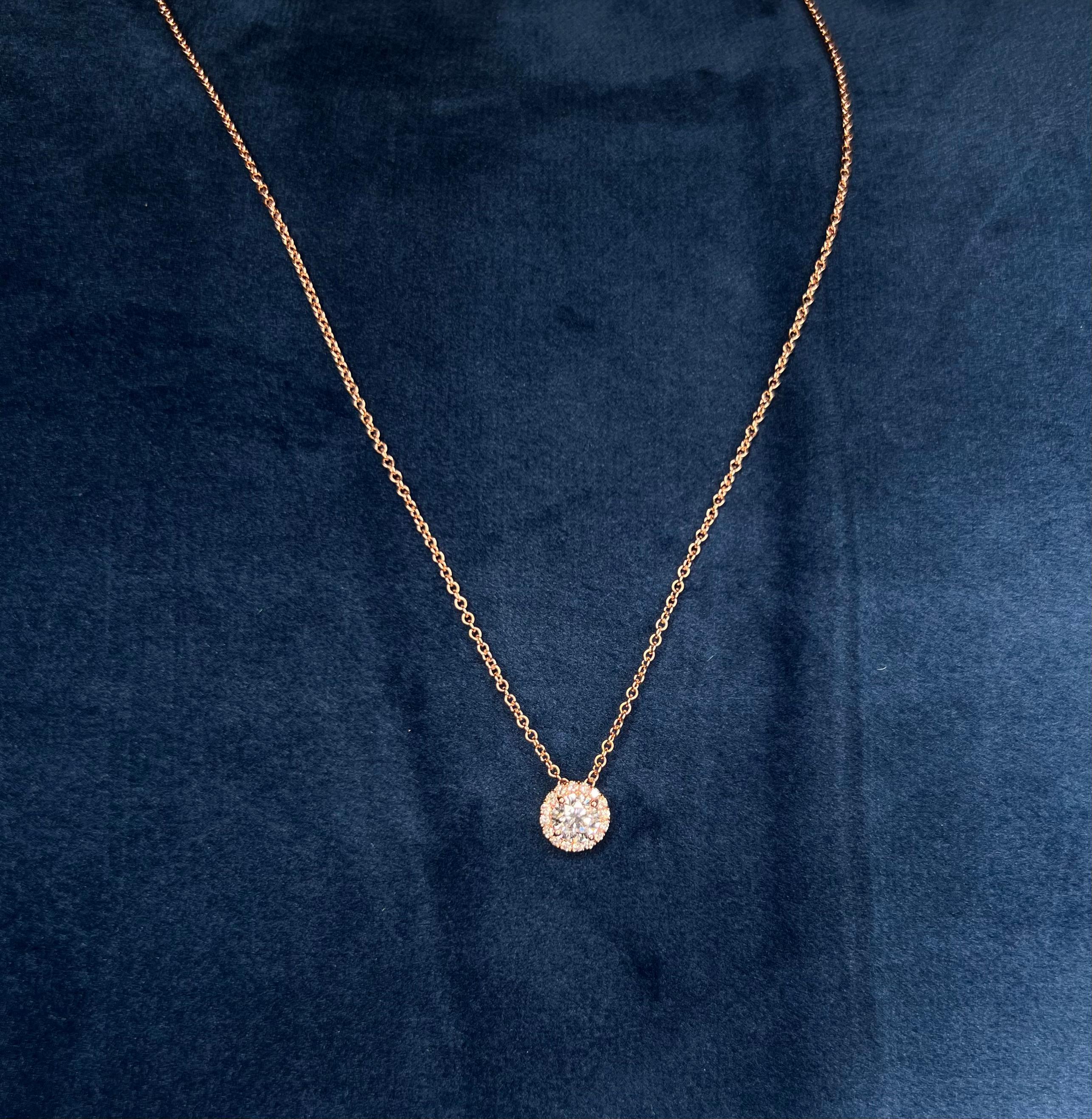 14k Rose Gold 1.15 Carat Round Cut Diamond Solitaire Pendant Necklace In New Condition For Sale In Los Angeles, CA