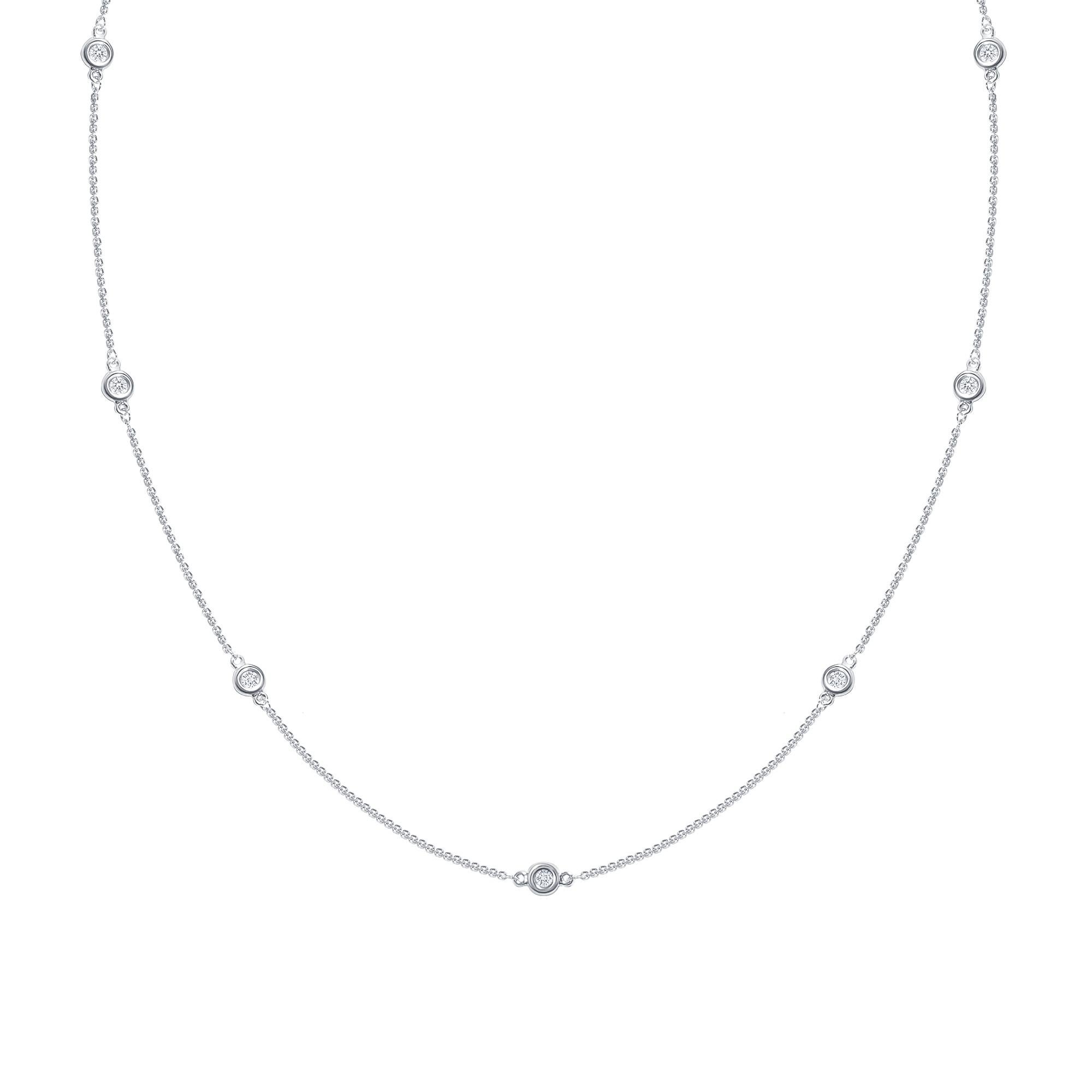 Eight elegant round diamonds set in a bezel setting along a 14k gold chain necklace.

Gold: 14K Gold
Number of Diamonds: Eight
Gold Color: White Gold
Carat: 0.50 Carats
Necklace Length: 16 Inches
Diamond Clarity: VS
Diamond Color: F
Chain Type: