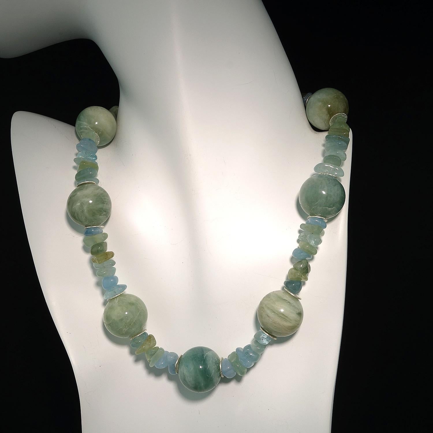 Striking, custom made Aquamarine, Neptune's gift to the mermaids, choker necklace of sea blue green Aquamarine spheres (18 MM) and multi tone Aquamarine chips.  This 16 inch choker  necklace features a Sterling Silver diamond studded lobster claw