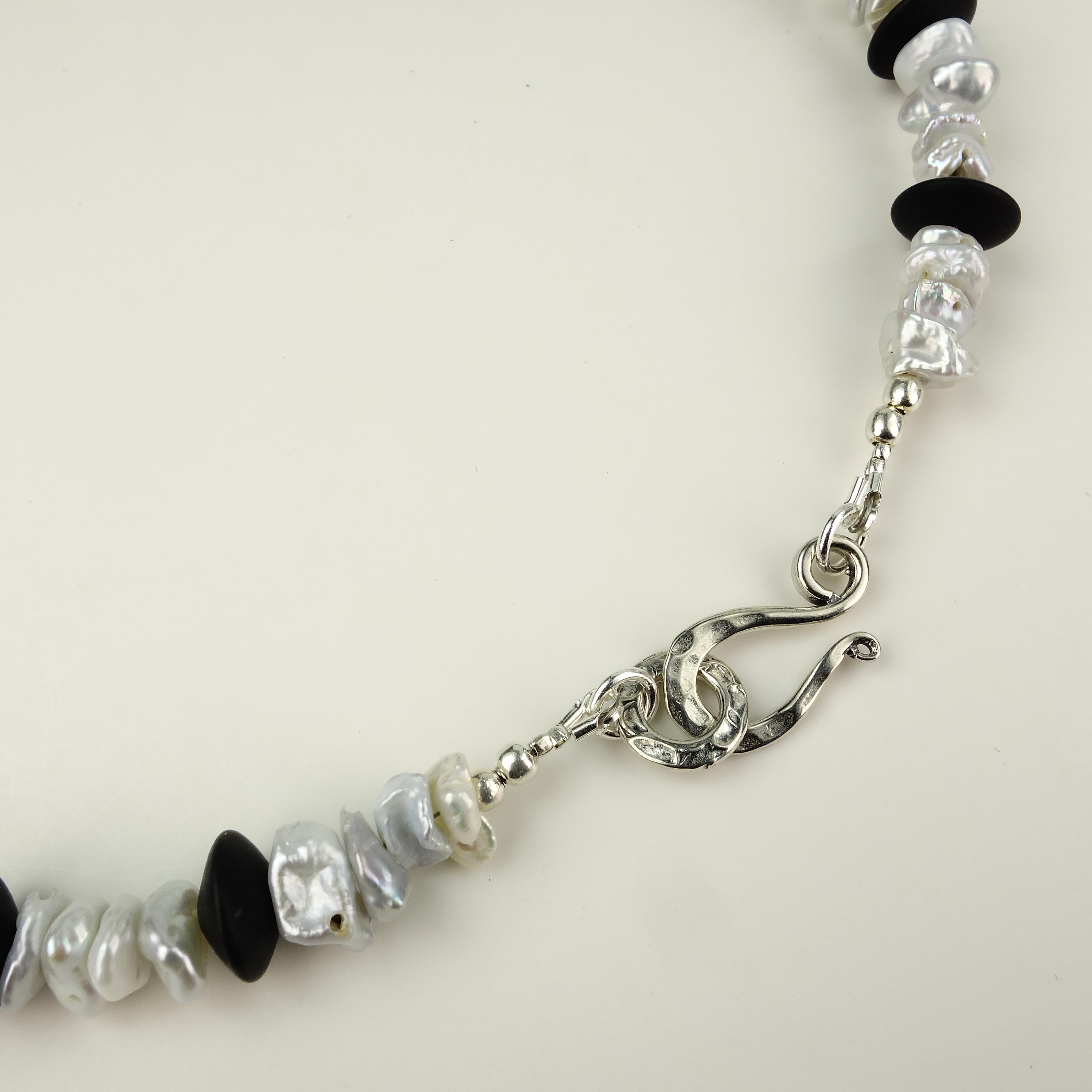 Artisan AJD Choker Necklace of Black Onyx and Silvery Biwa Pearls