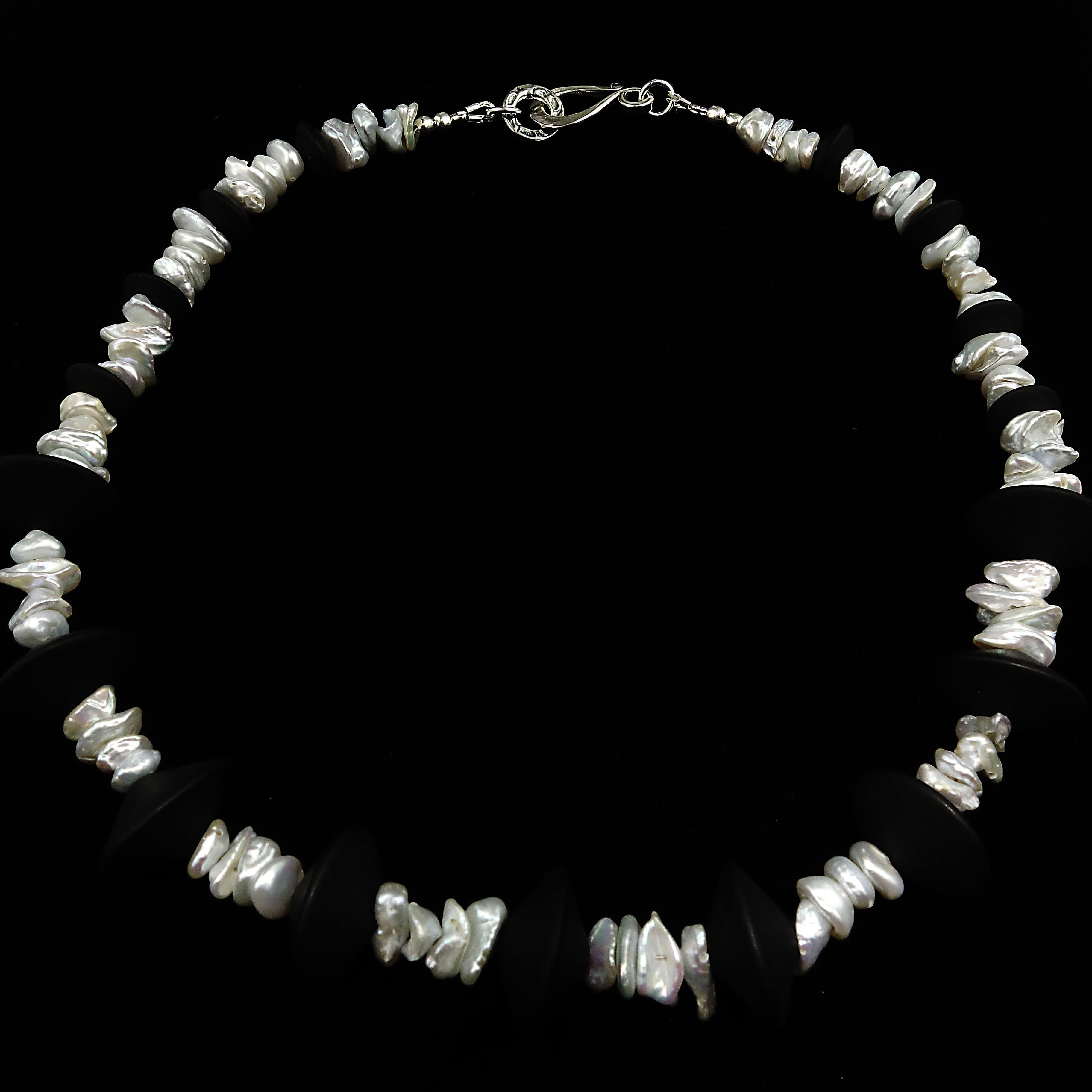 Bead AJD Choker Necklace of Black Onyx and Silvery Biwa Pearls