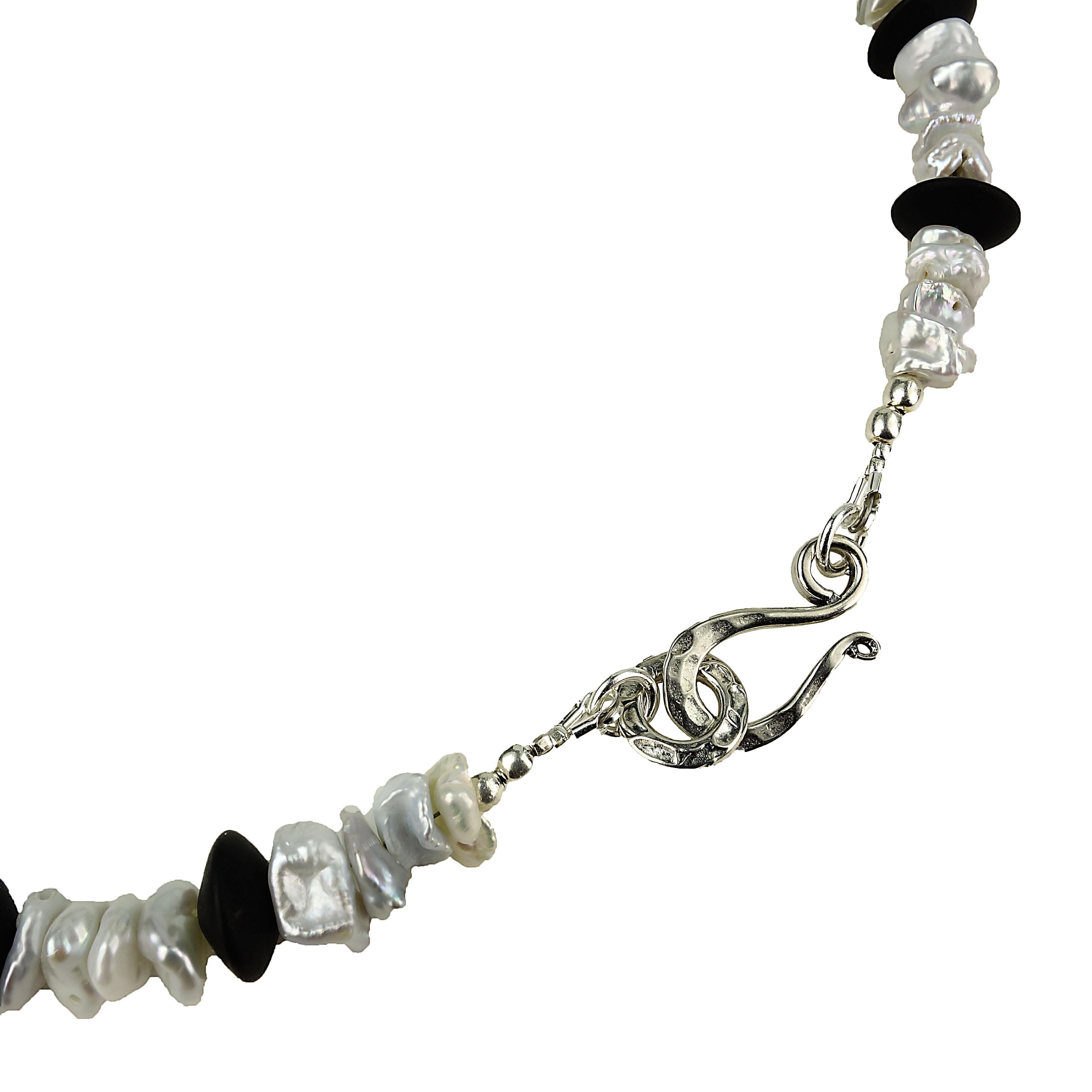 AJD Choker Necklace of Black Onyx and Silvery Biwa Pearls In New Condition In Raleigh, NC