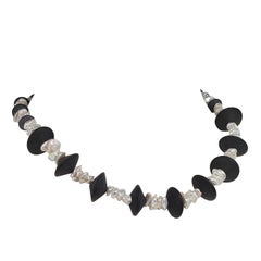 AJD Choker Necklace of Black Onyx and Silvery Biwa Pearls