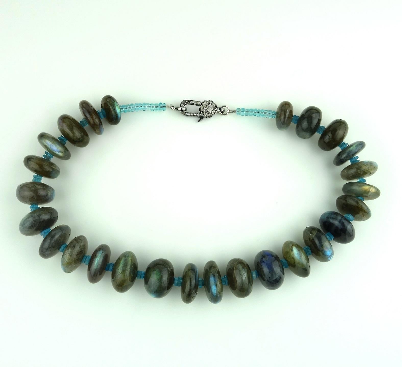 Statement 16 inch choker necklace of highly polished Labradorite rondelles accented with teal Apatite. These large, graduated, 16-21 MM, Labradorite rondelles are lovely shades of silver, gray, green, and blue.  The necklace is finished with an