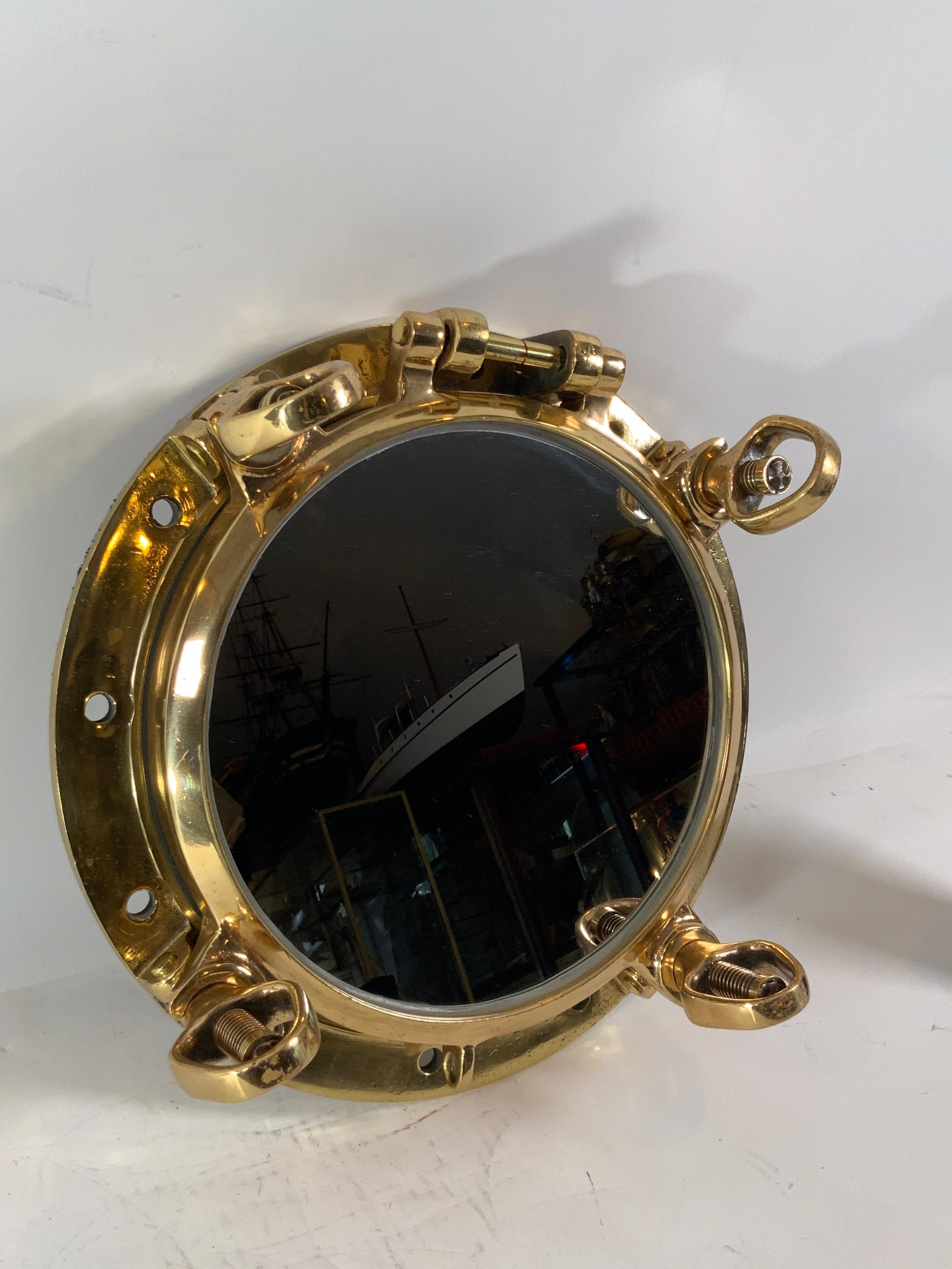 Solid Brass Ship's Porthole Mirror In Good Condition In Norwell, MA