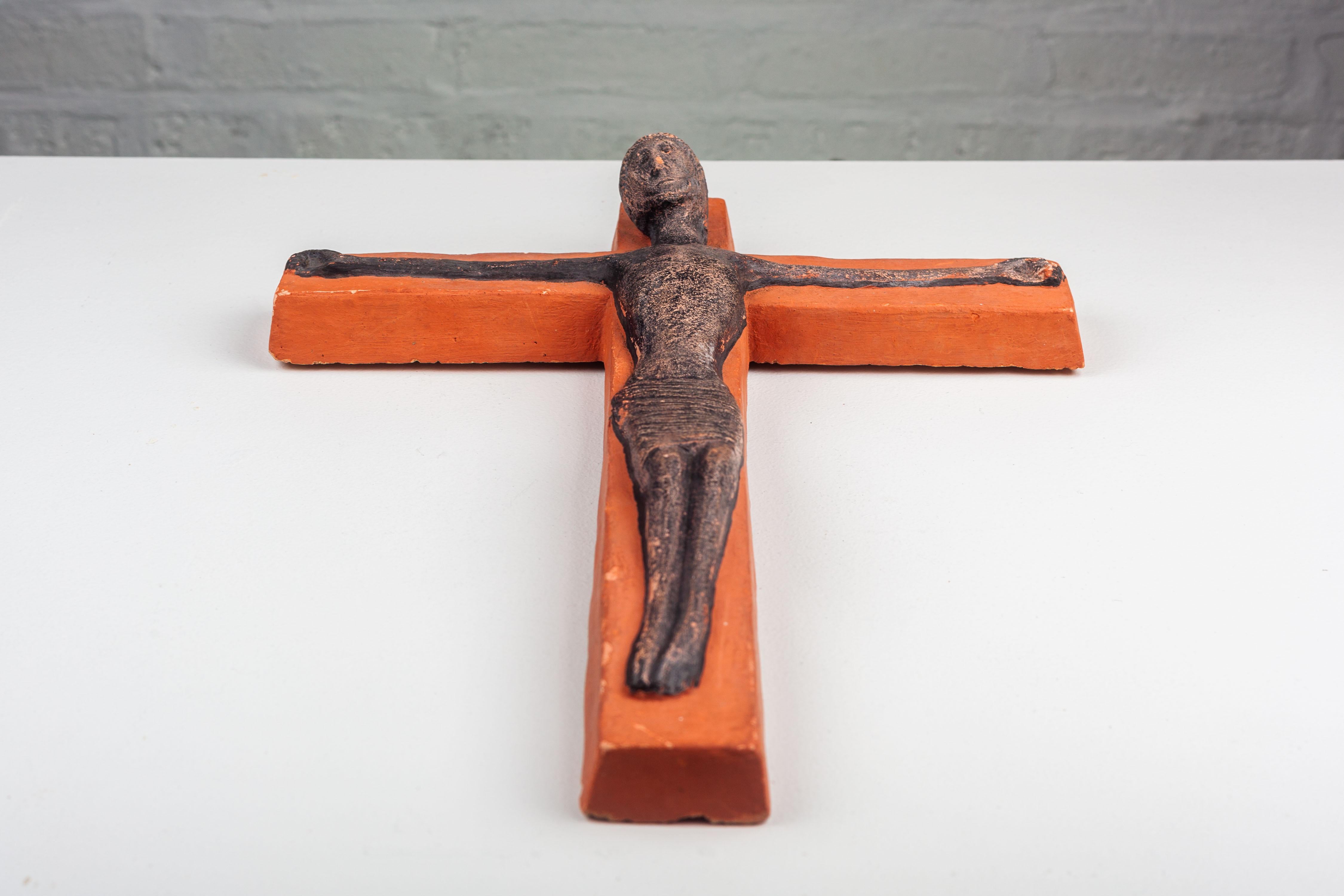 Brutalist 16-Inch Wall Cross in Matte Terracotta with Black Christ For Sale