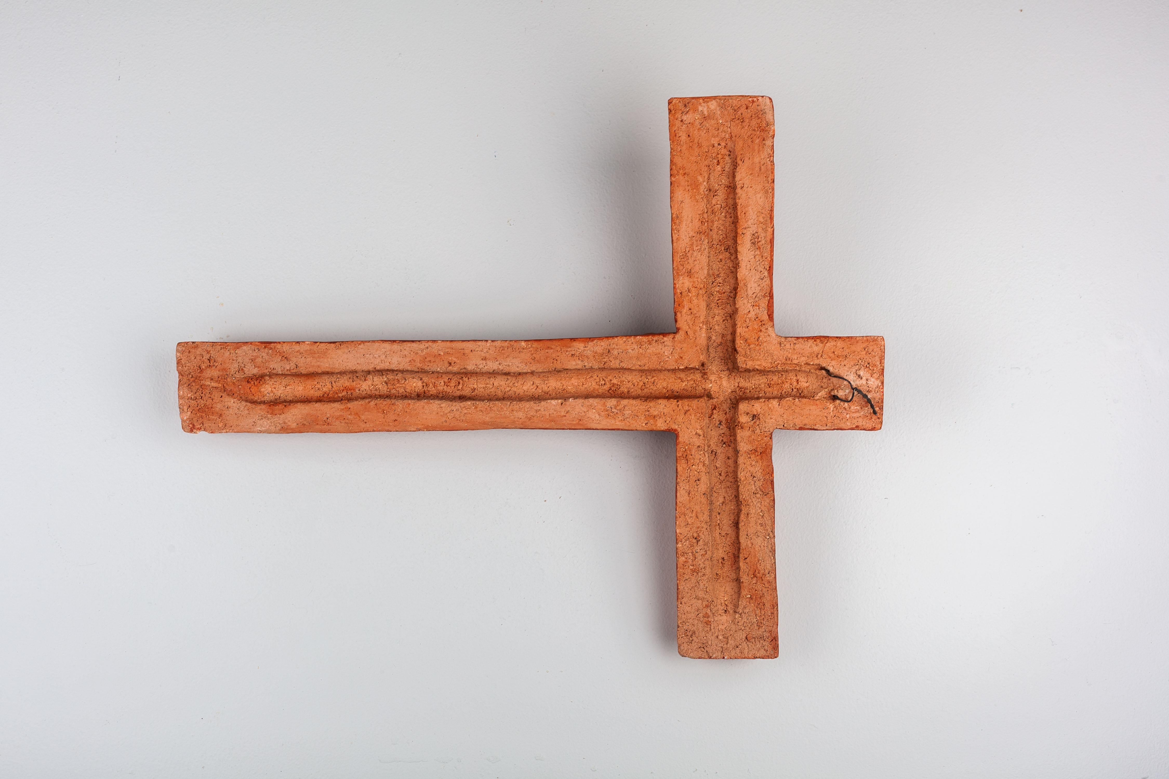 Mid-20th Century 16-Inch Wall Cross in Matte Terracotta with Black Christ For Sale