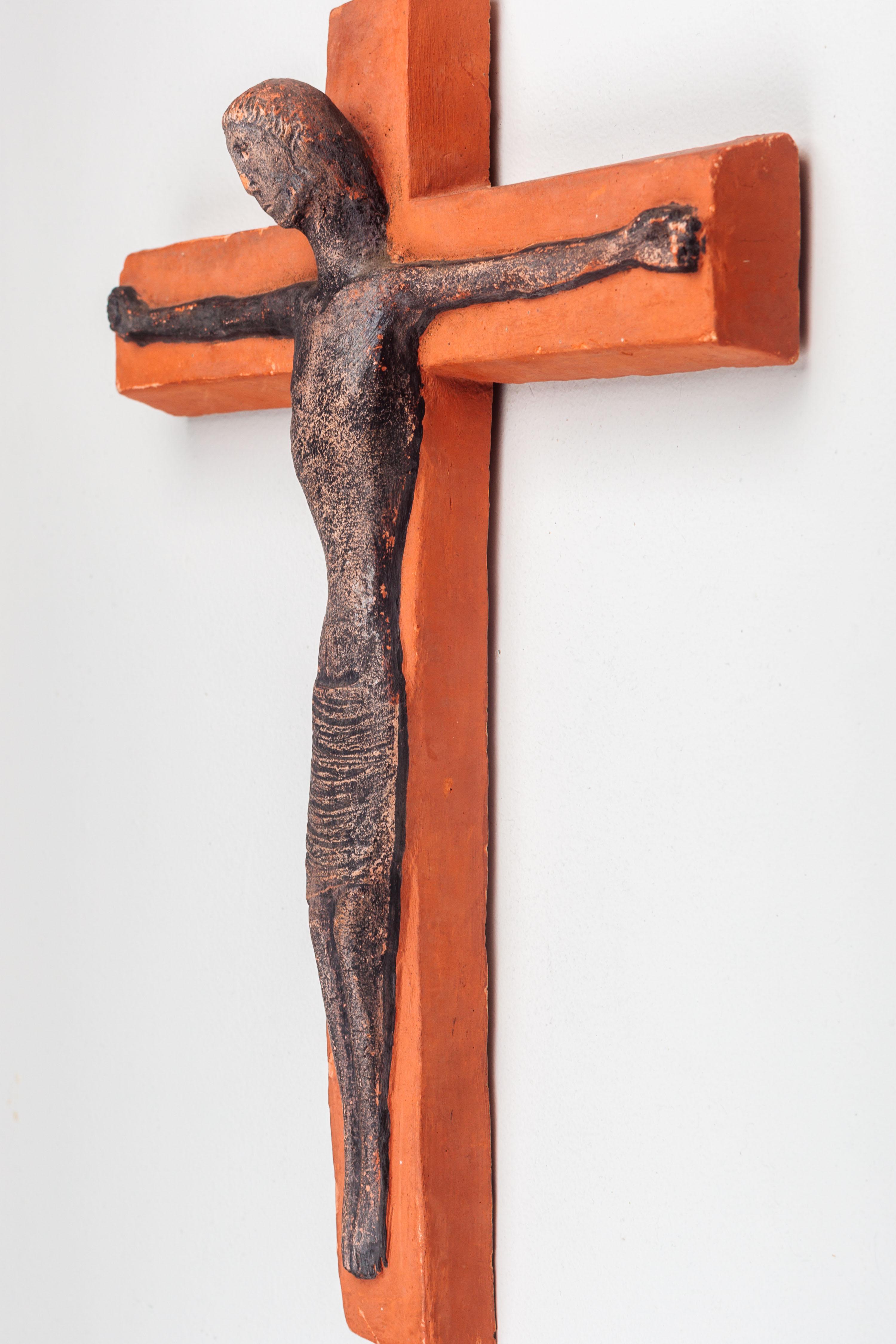 Ceramic 16-Inch Wall Cross in Matte Terracotta with Black Christ For Sale