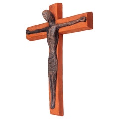 Retro 16-Inch Wall Cross in Matte Terracotta with Black Christ