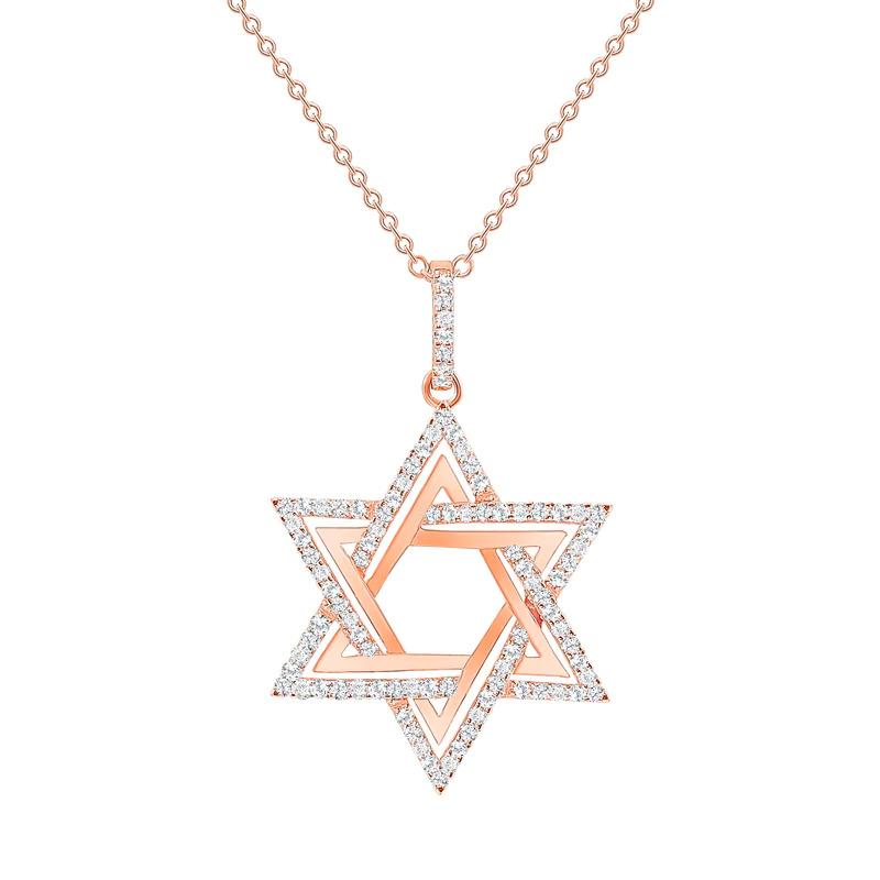 This Star of David Necklace consists of approximately 100 round diamonds set in 14k gold.

Metal: 14k Gold
Diamond Total Carats: 2ct
Diamond Cut: Round (100 diamonds)
Diamond Clarity: VS
Diamond Color: F
Color: Rose gold
Necklace Length: 16