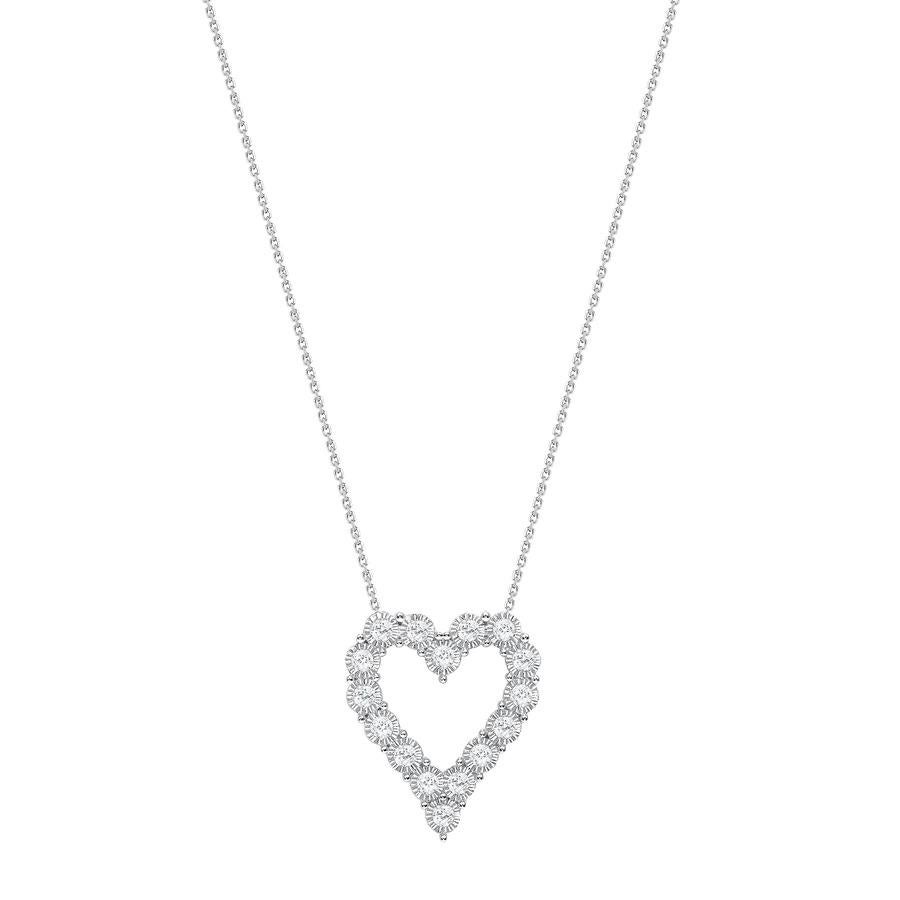 Round Cut 16 Inches 14k White Gold 0.75 Carat Round Diamonds Heart Necklace For Sale