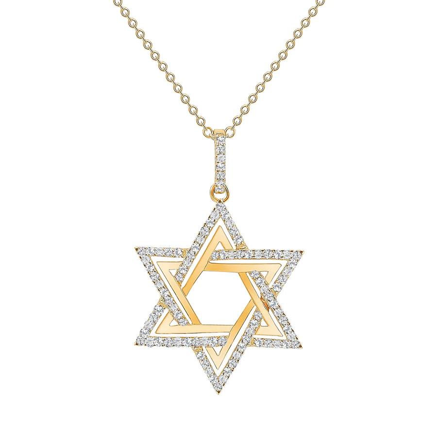 This Star of David Necklace consists of approximately 100 round diamonds set in 14k gold.

Metal: 14k Gold
Diamond Total Carats: 1ct
Diamond Cut: Round (100 diamonds)
Diamond Clarity: VS
Diamond Color: F
Color: Yellow gold
Necklace Length: