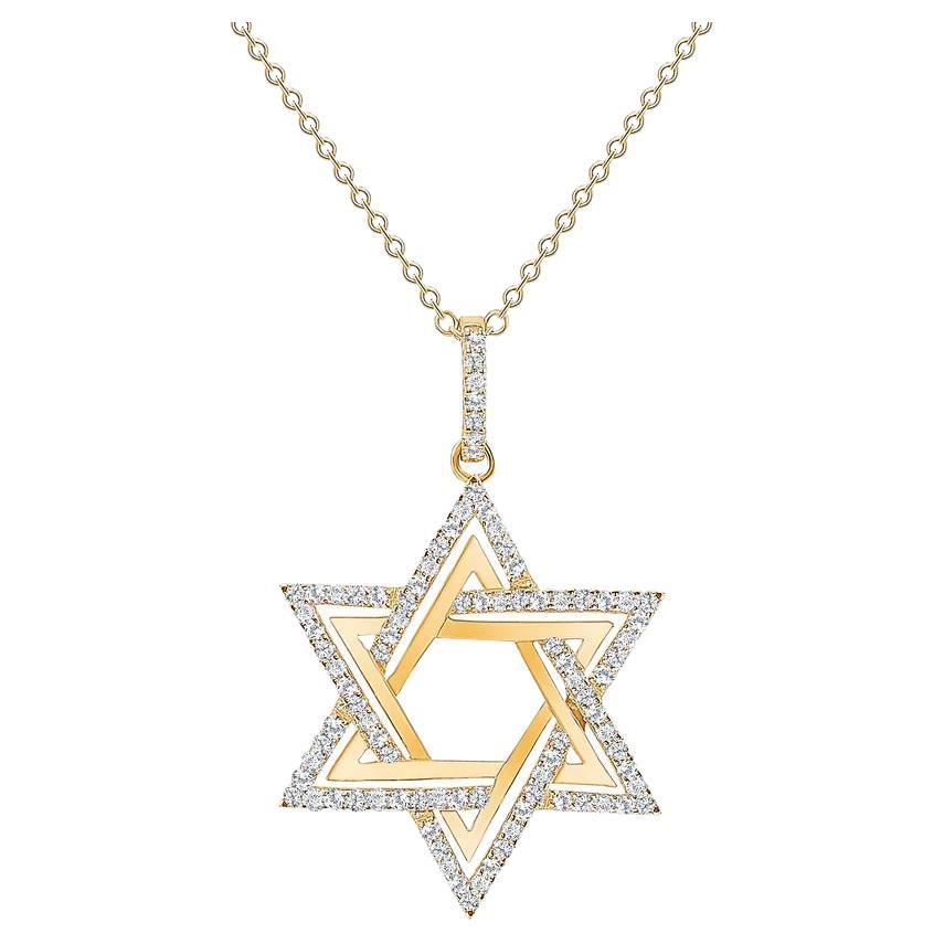 16 Inches 14k Yellow Gold 1 Carat Total Round Diamond Star of David Necklace For Sale