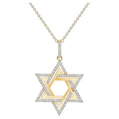 Collier étoile de David en or jaune 14 carats avec diamants ronds de 1 carat au total de 16 pouces