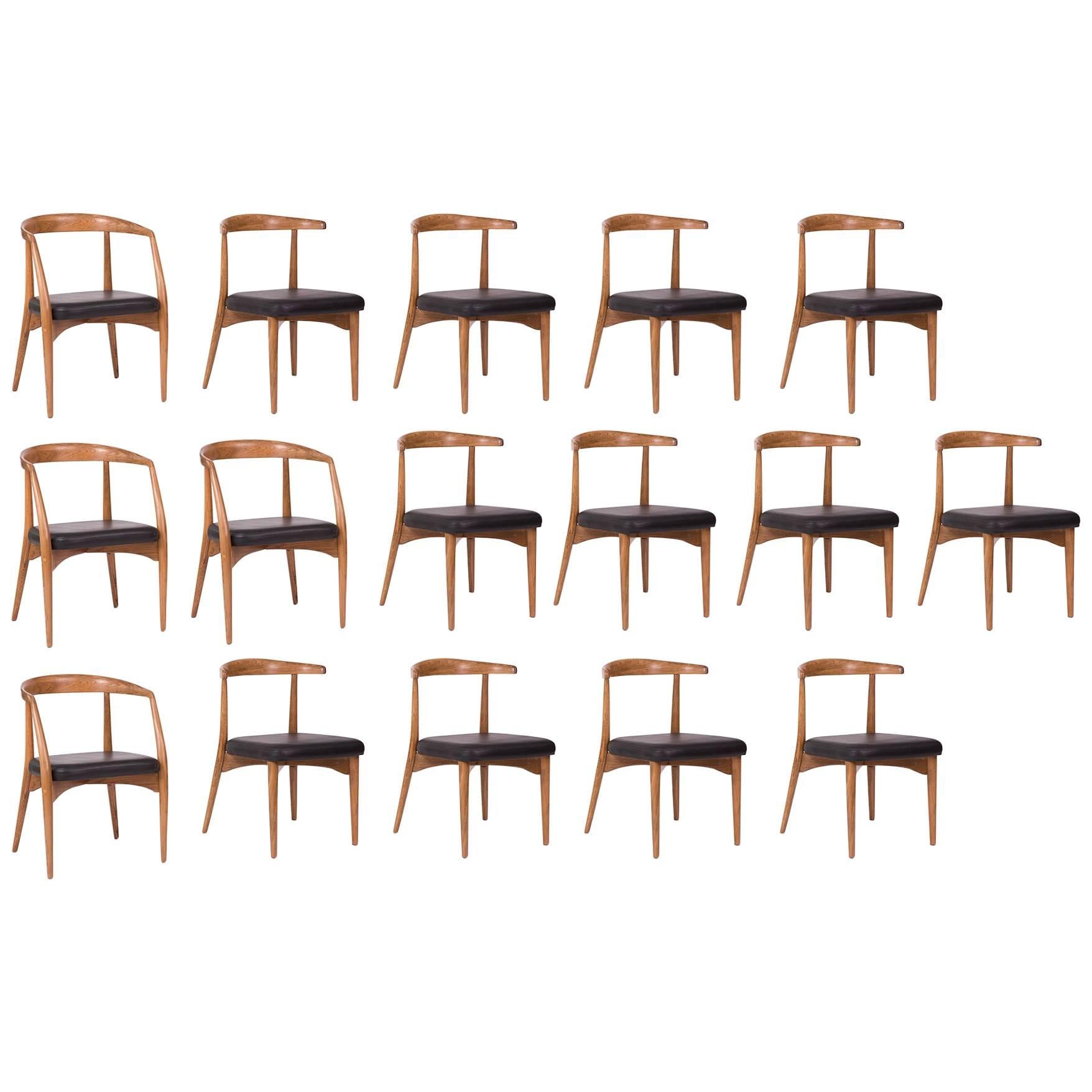 16 Lawrence Peabody Oak & Walnut Dining Chairs with Black Leather Seats