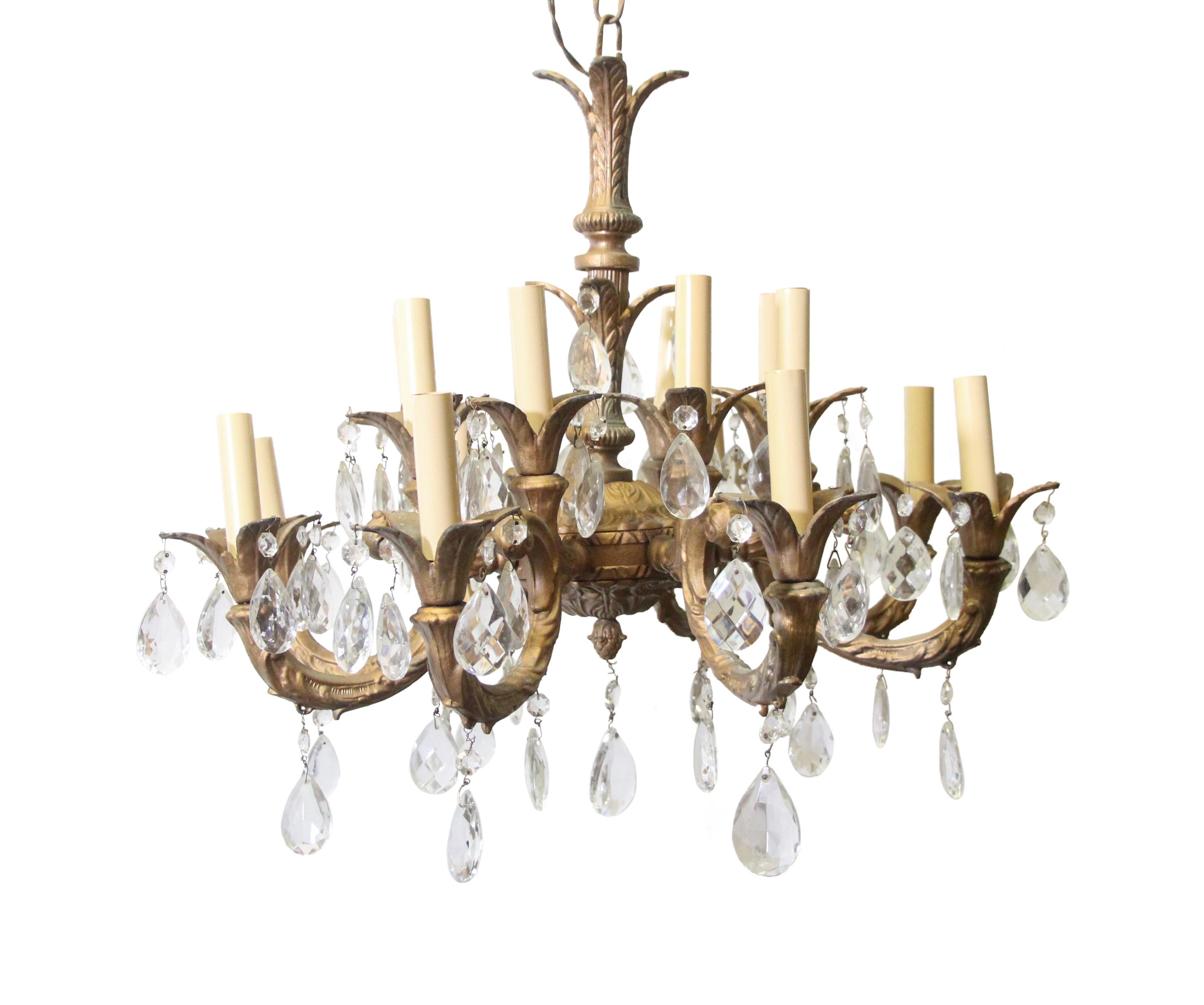 Spanish 16 Light Crystal and Brass Chandelier with 8 Arms