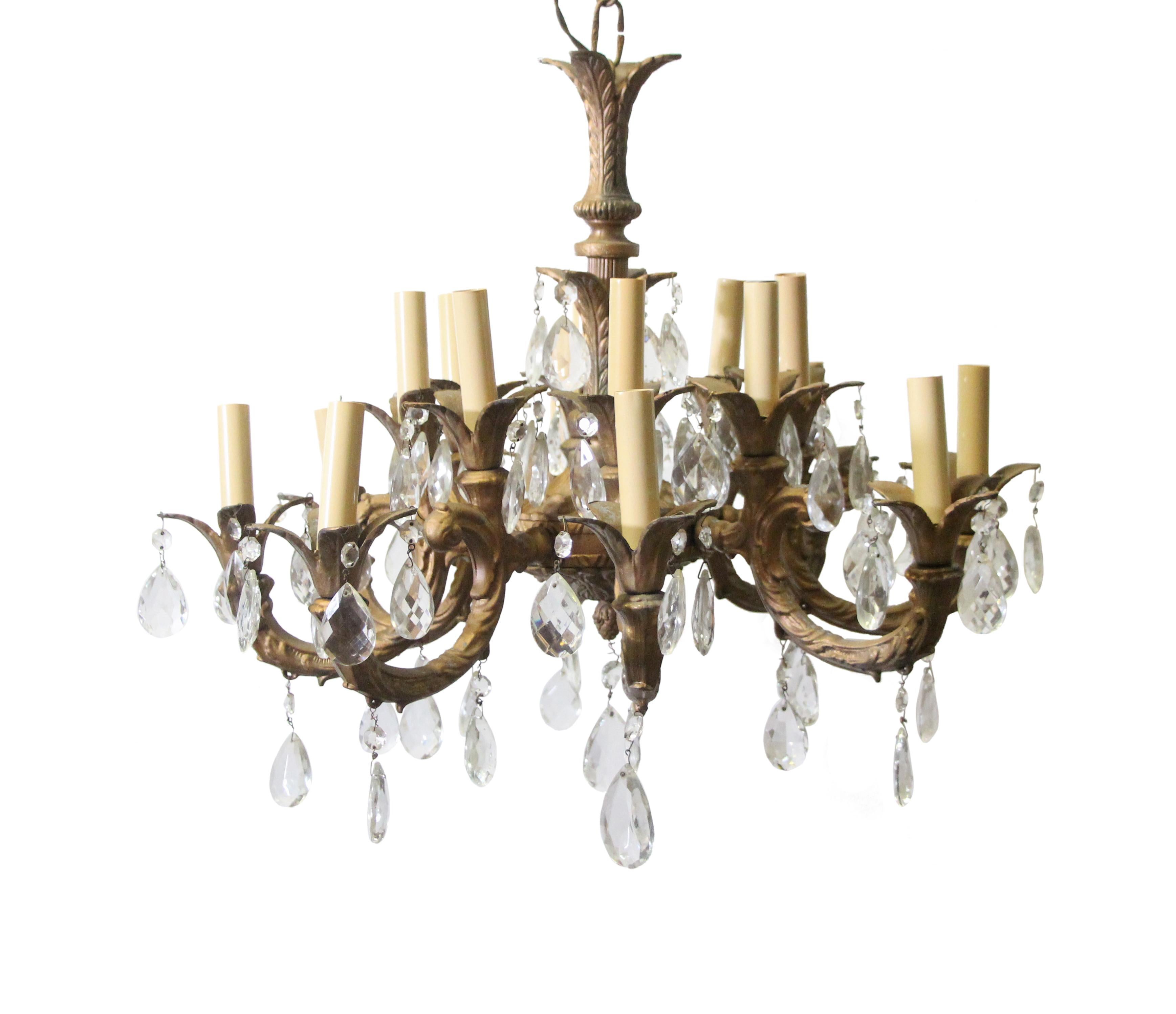 16 Light Crystal and Brass Chandelier with 8 Arms In Good Condition In New York, NY