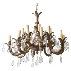 Retro 16 Light Crystal and Brass Chandelier with 8 Arms