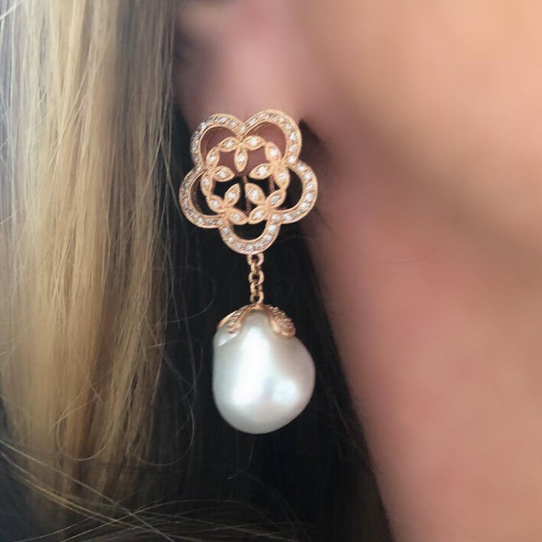 Mixed Cut South Sea Pearl and Diamond Dangling Earrings in 18 Karat Rose Gold For Sale