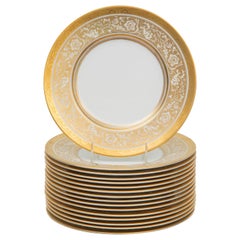 16 Minton England Dinner Plates, Vintage Gold Encrusted "Porcelain Ball"