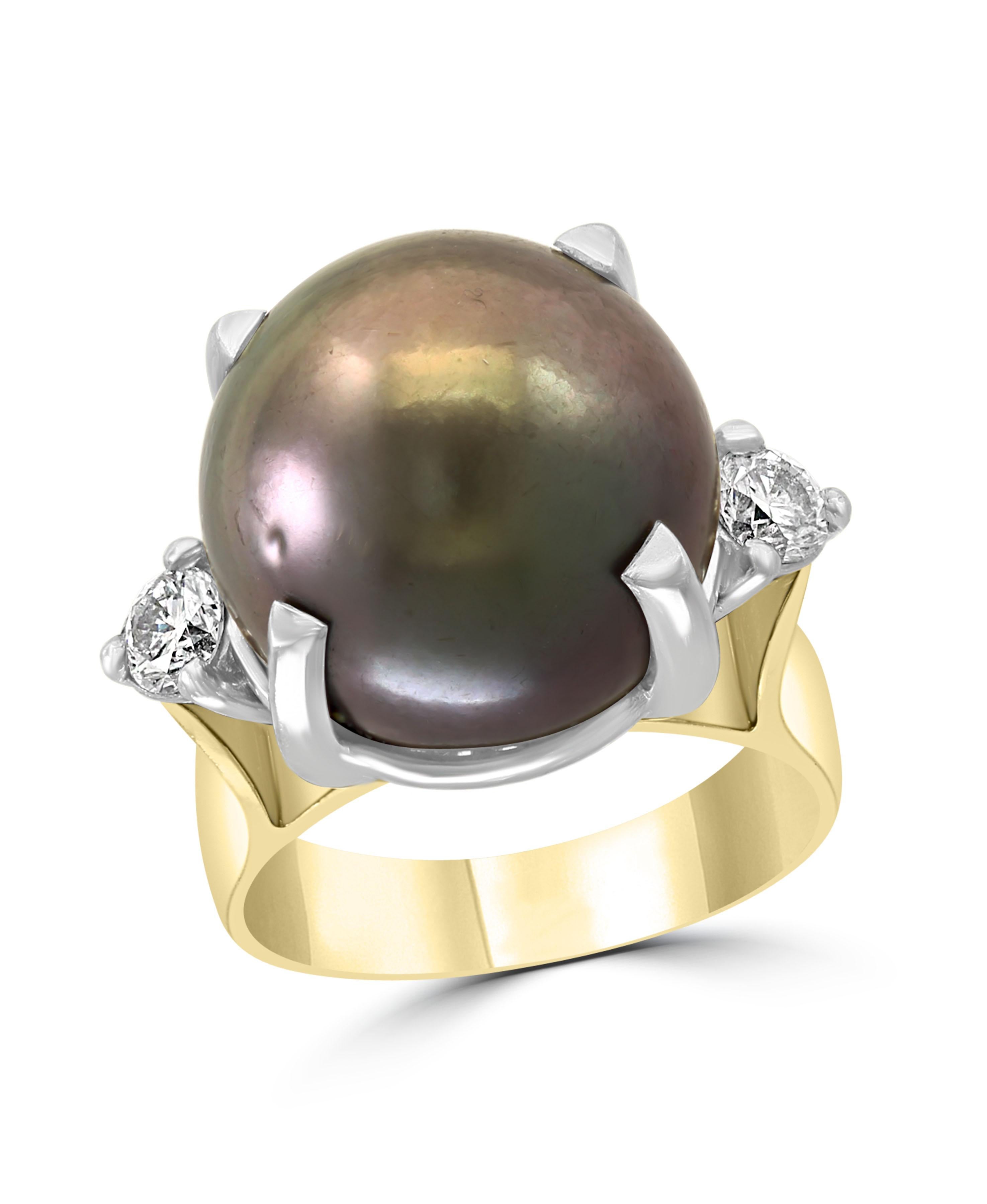 Women's Black Tahitian Pearl and Diamond Cocktail Ring 18 Karat Gold/Platinum For Sale