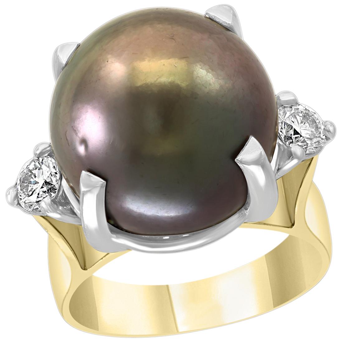 Black Tahitian Pearl and Diamond Cocktail Ring 18 Karat Gold/Platinum