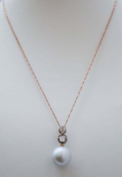 16 Mm Grey Pearls,  Diamonds, Rose Gold and Silver Pendant Necklace.