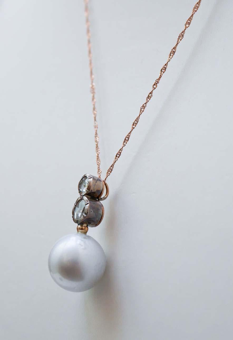 Rétro Perle grigie da 16 mm,  Collana con diamanti, oro rosa e argento. in vendita