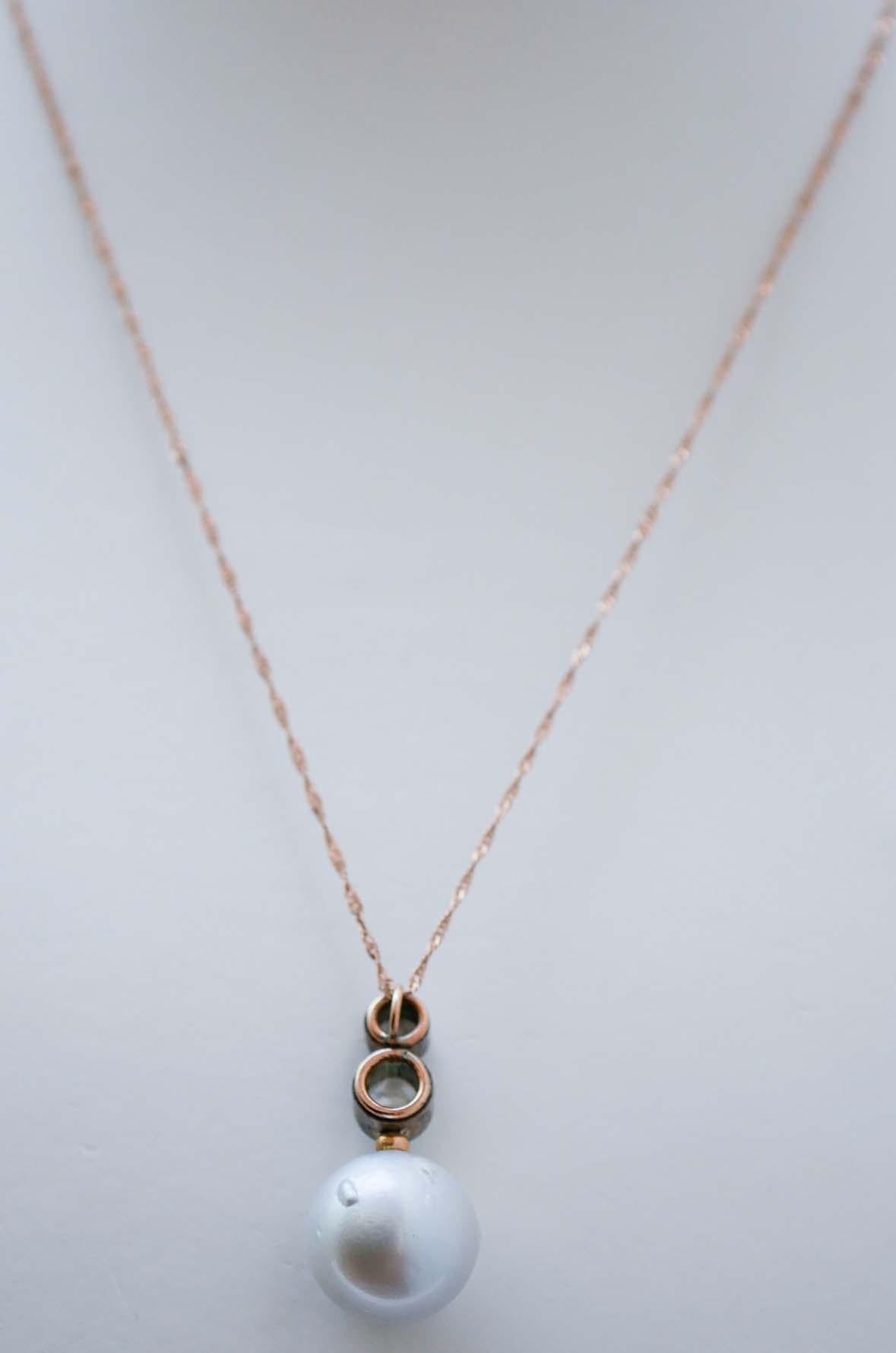 Taglio a rosa Perle grigie da 16 mm,  Collana con diamanti, oro rosa e argento. in vendita